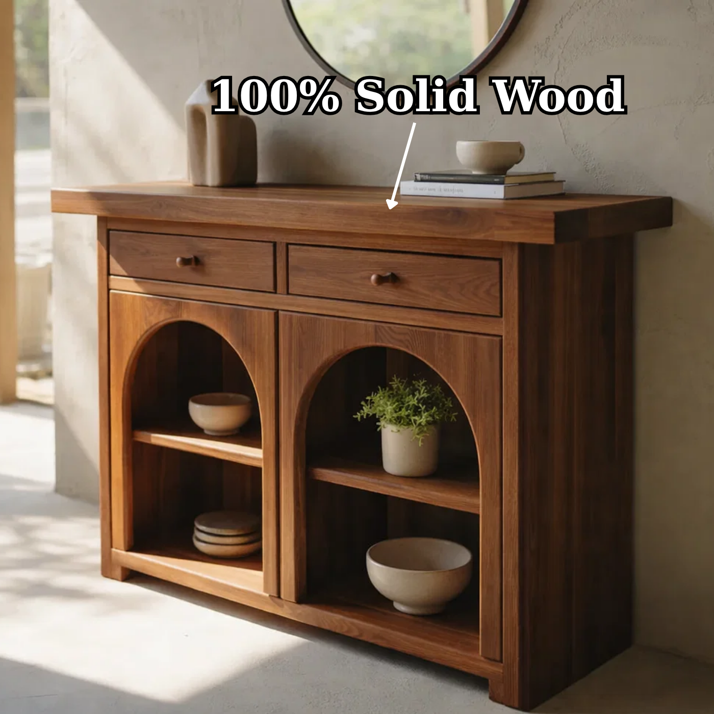 Solid Wood Console Cabinet with Arched Shelves – Modern Entryway Storage Console