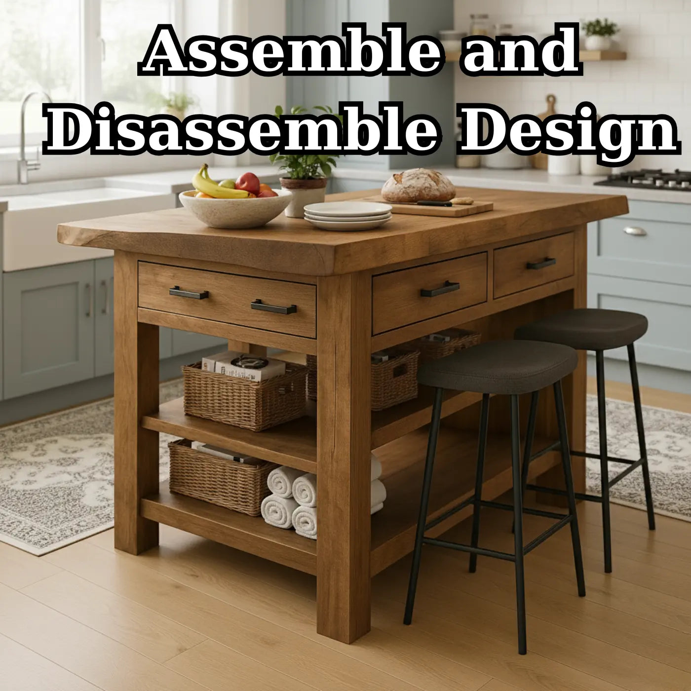 Handcrafted Solid Wood Kitchen Island - Rustic Top, Drawers & Open Shelving Kitchnce