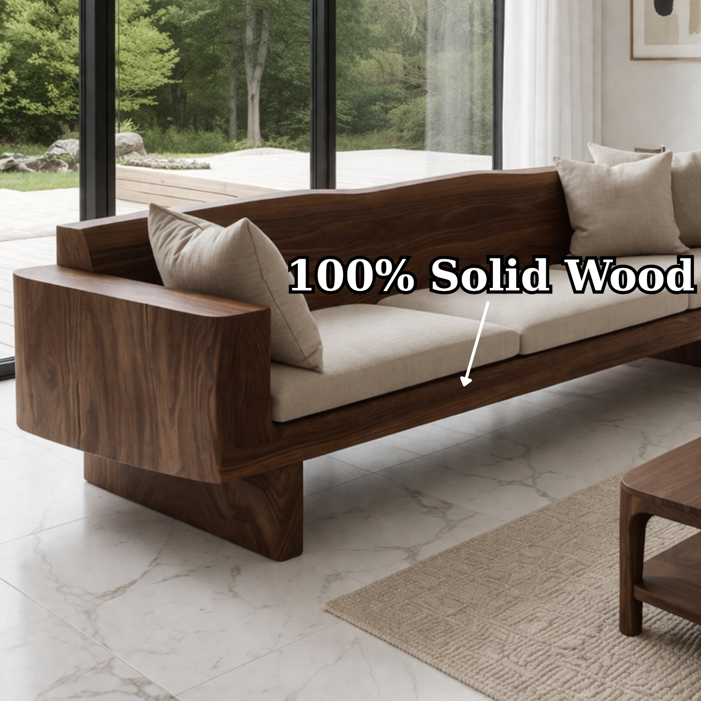 Walnut Solid Wood Sofa – Modern Rustic Wooden Living Room Sofa