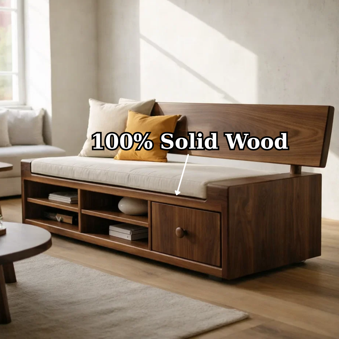 Solid Wood Storage Sofa – Walnut Wooden Sofa with Built-in Shelves