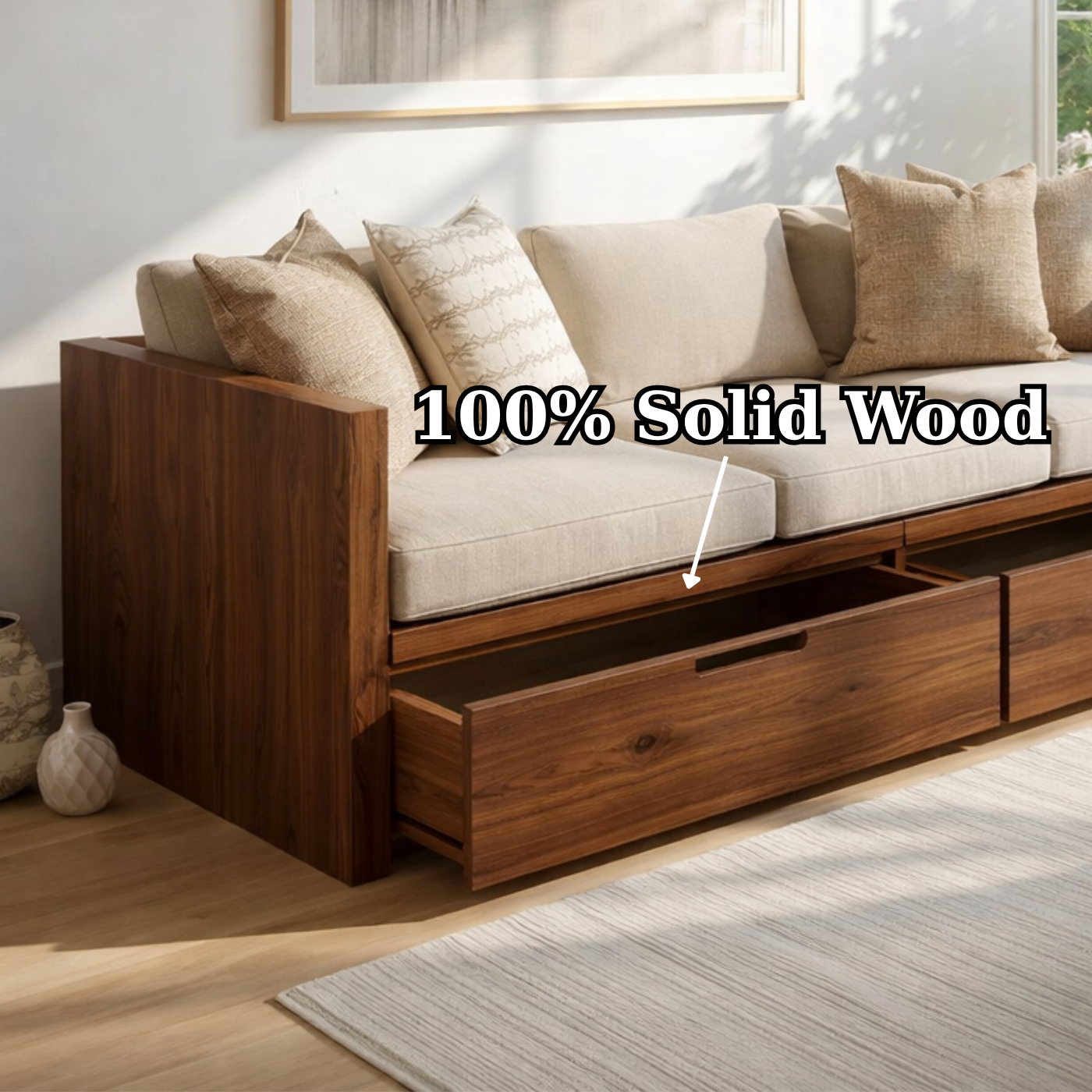Solid Wood Storage Sofa – Walnut Wooden Sofa with Large Drawers