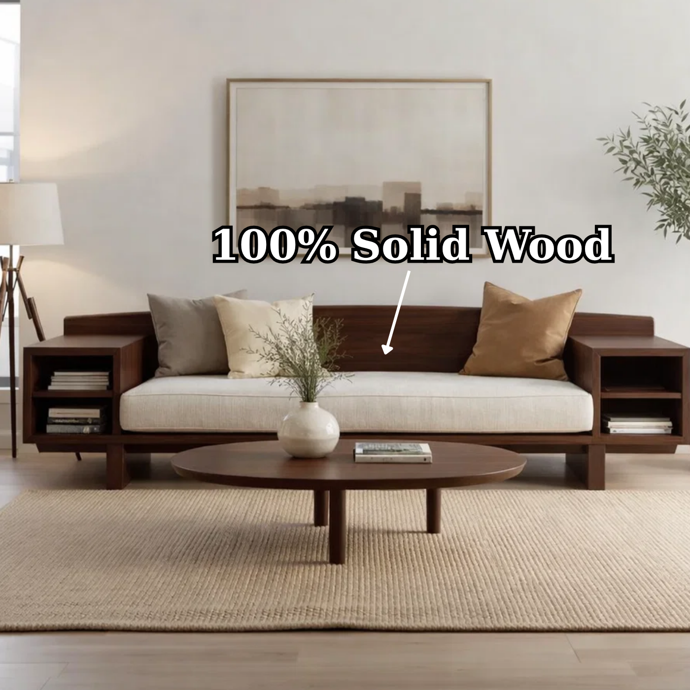 Walnut Solid Wood Sofa with Side Shelves – Modern Wooden Living Room Sofa