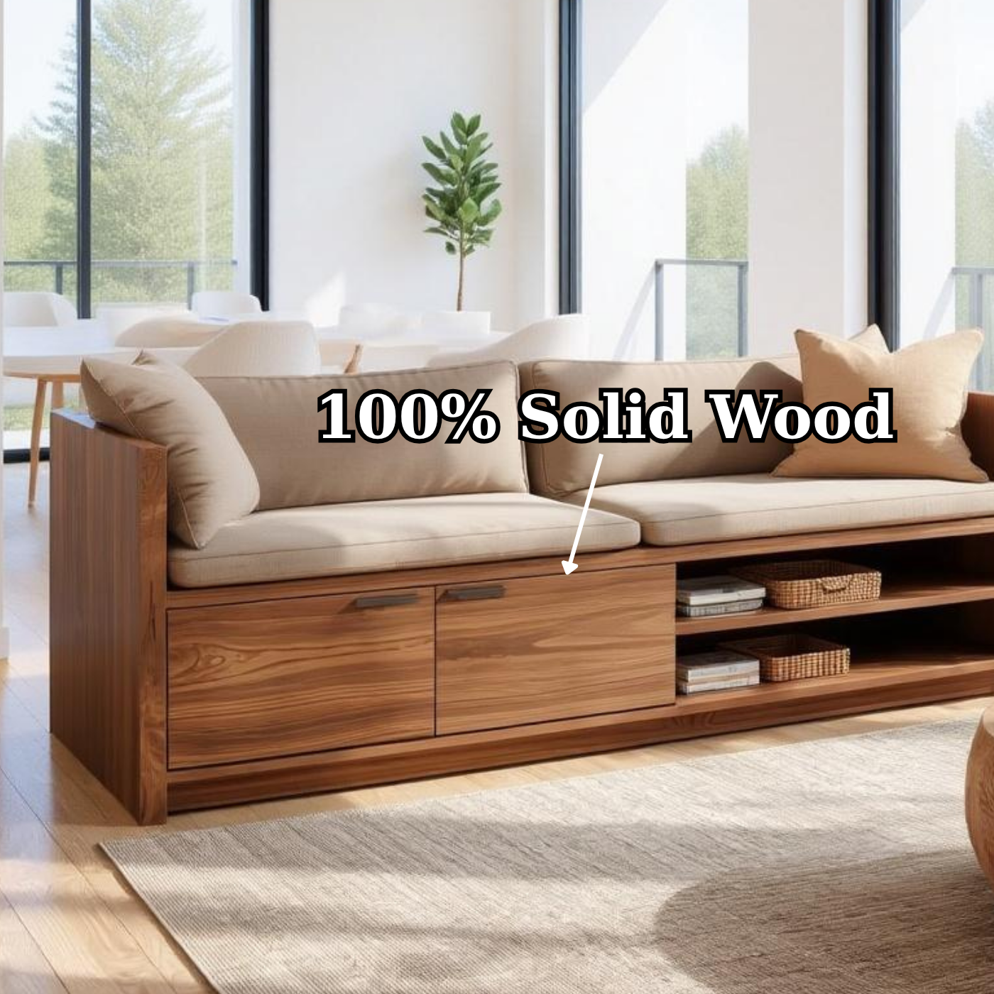 Solid Wood Storage Sofa – Modern Wooden Sofa with Drawer and Shelving
