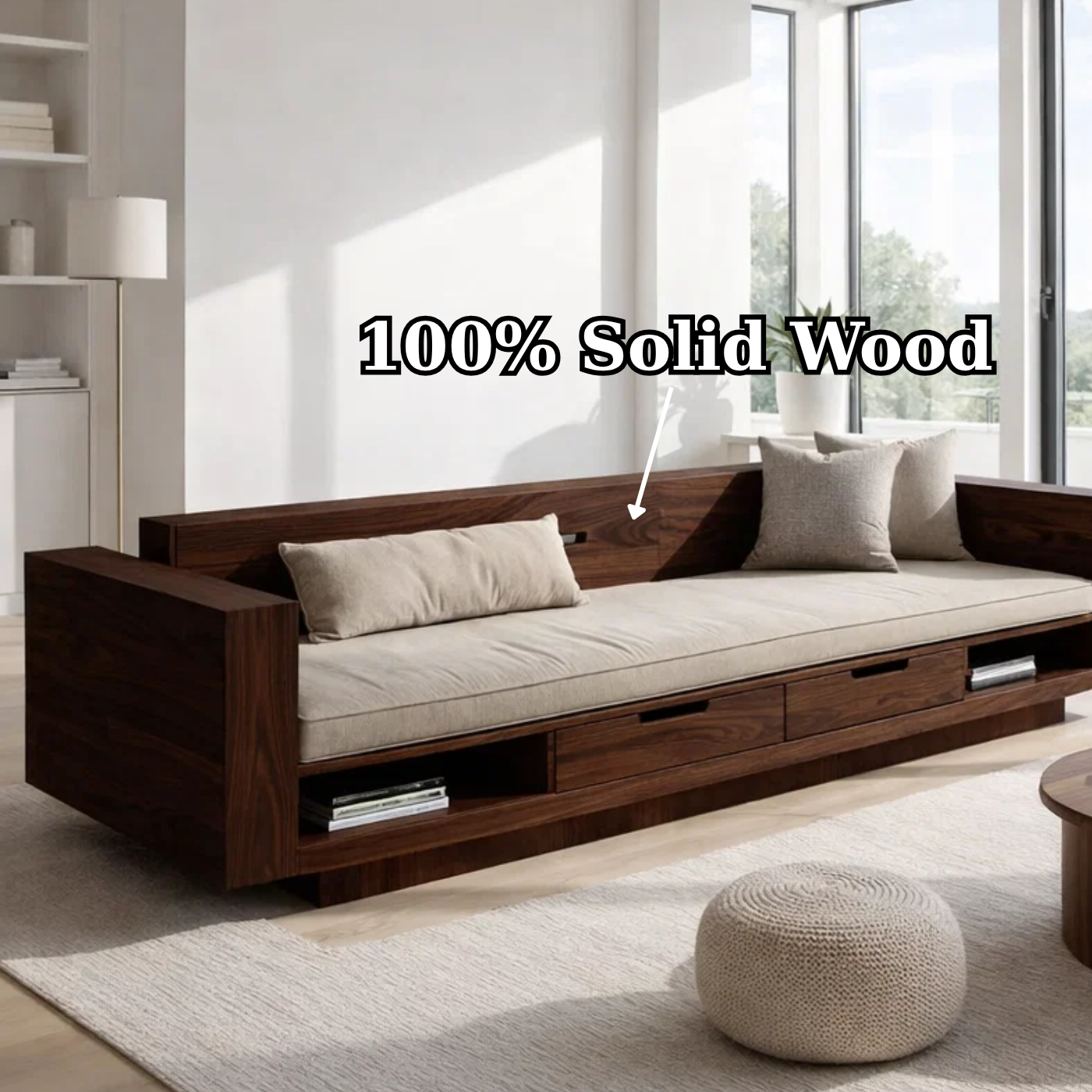 Walnut Solid Wood Storage Sofa – Modern Wooden Sofa with Drawers and Open Shelves