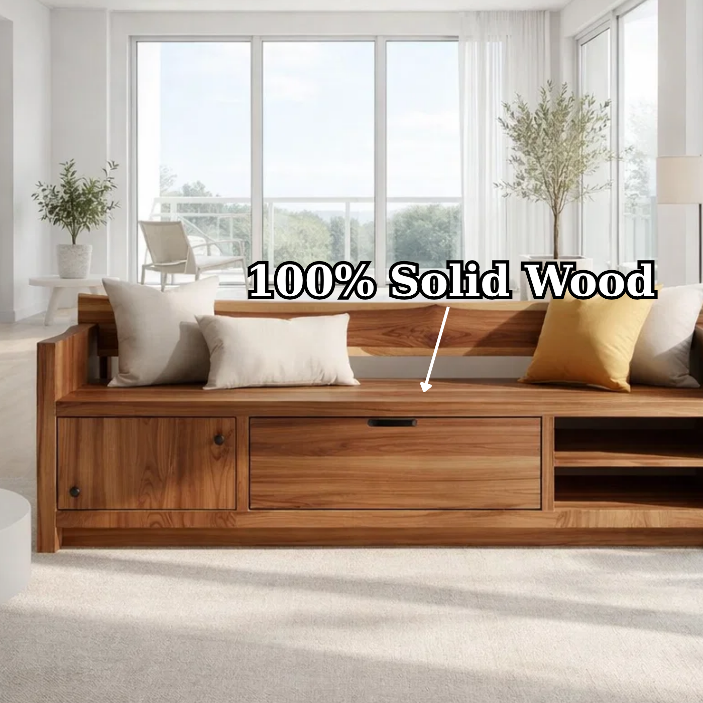 Solid Wood Storage Sofa Bench – Modern Wooden Sofa with Drawer and Open Shelves