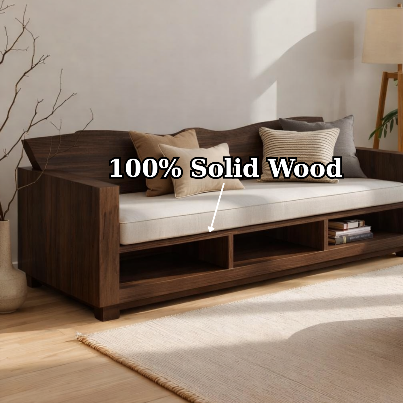 Walnut Solid Wood Sofa with Storage Shelf – Modern Wooden Living Room Sofa