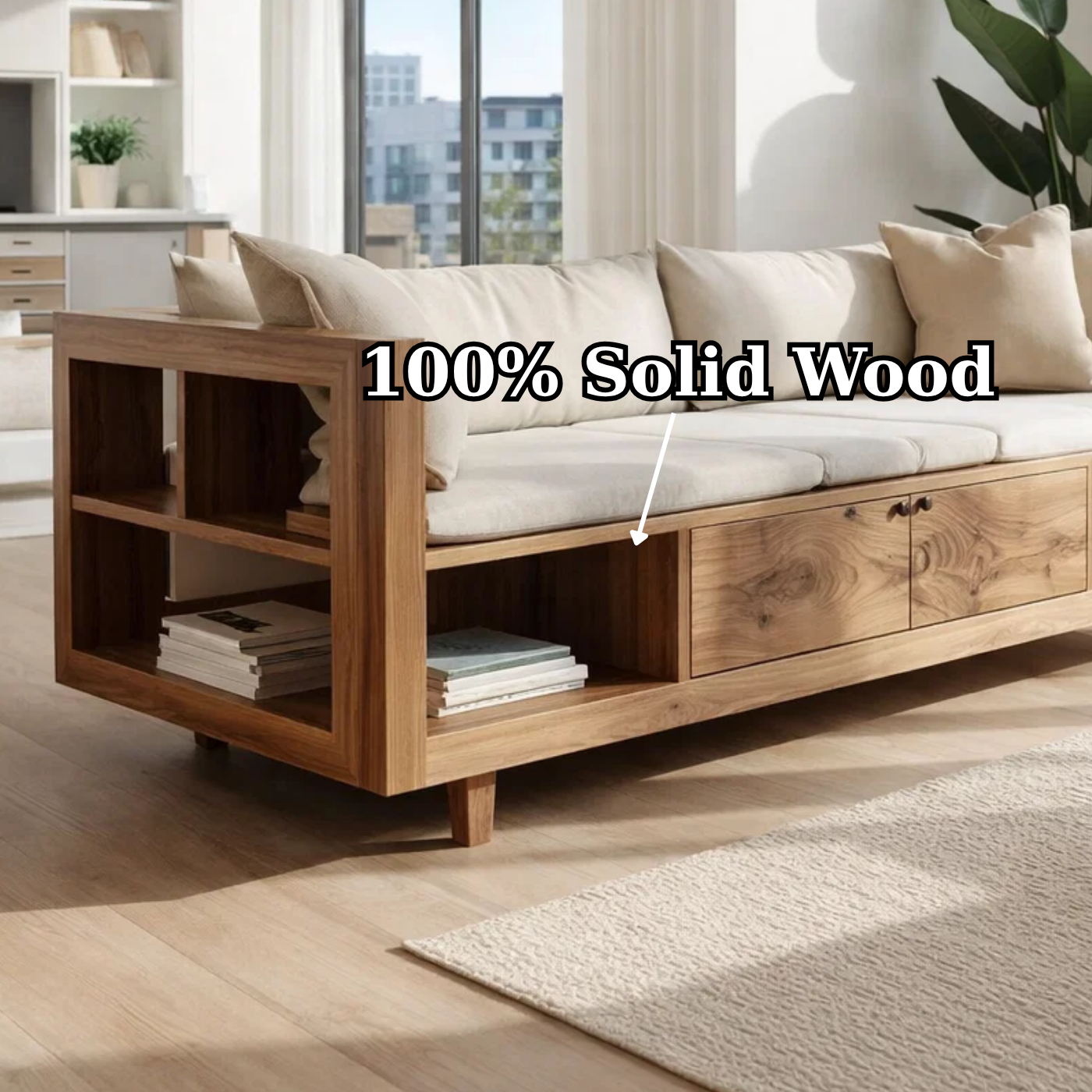 Solid Wood Storage Sofa – Modern Wooden Sofa with Shelves and Drawers