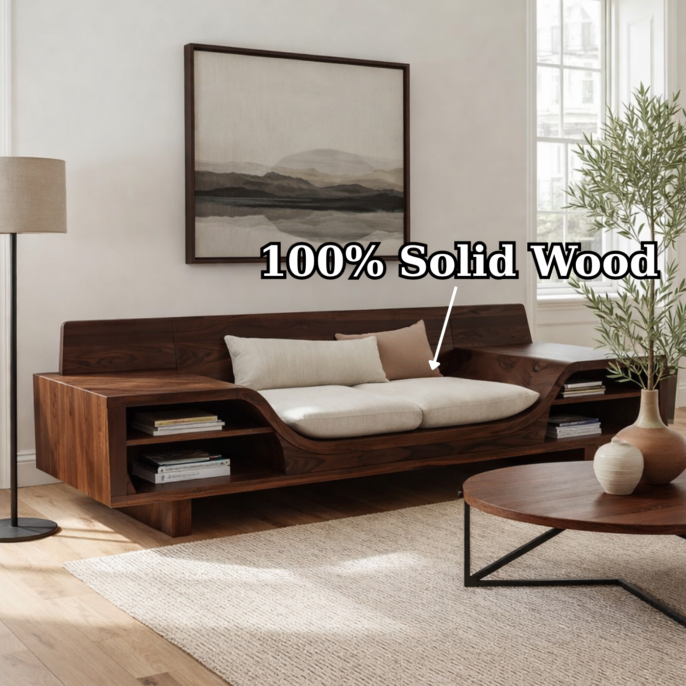 Walnut Solid Wood Sofa with Shelves – Modern Sculptural Wooden Sofa