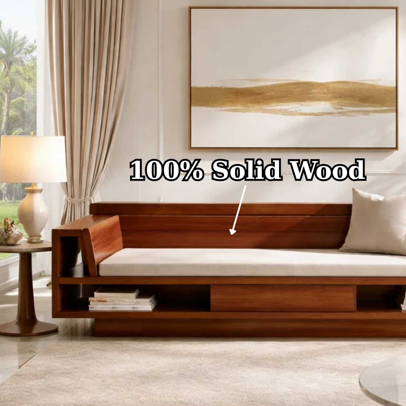 Solid Wood Storage Sofa – Modern Wooden Sofa with Shelf and Drawer