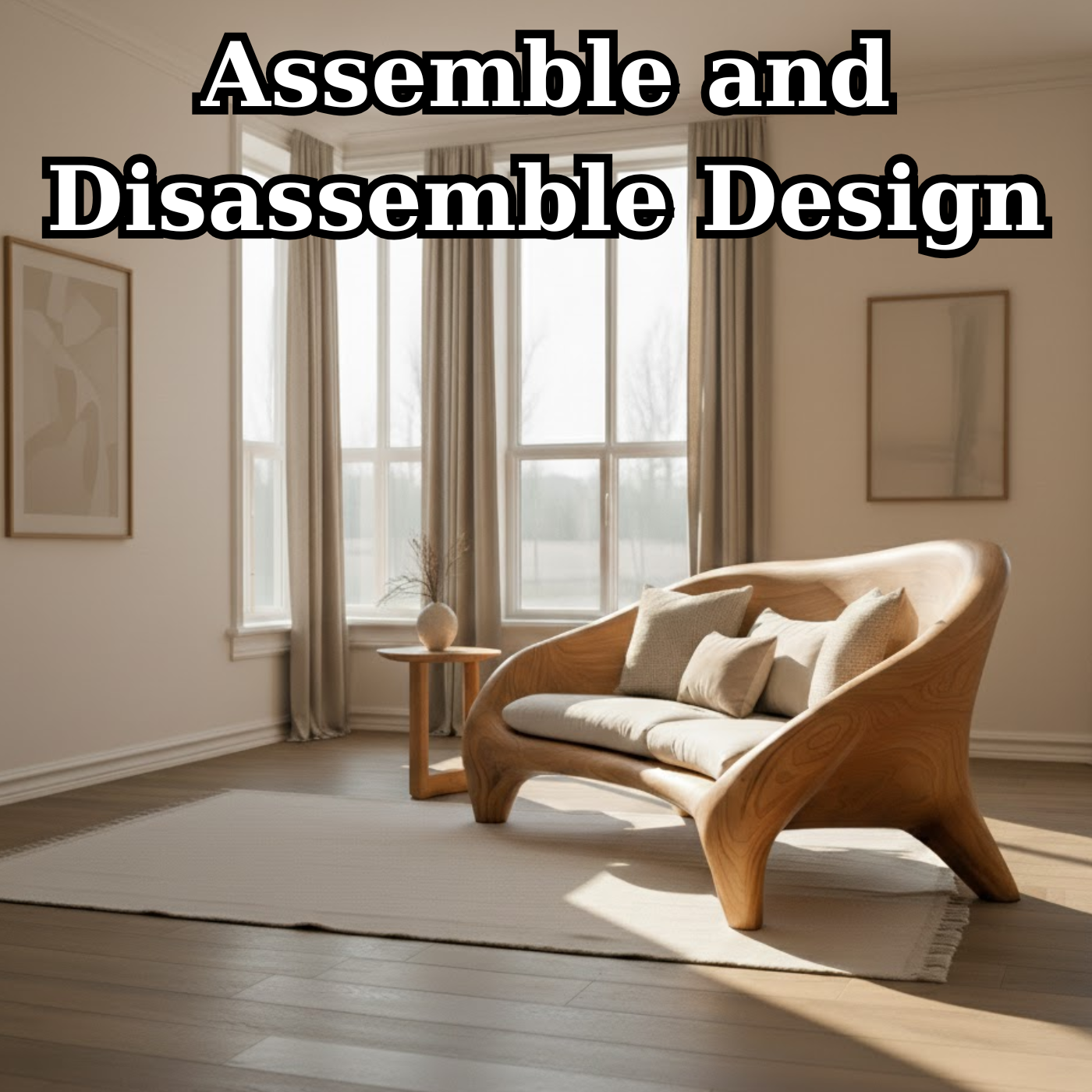 Handcrafted Solid Wood Sofa – Modern Organic Curved Couch with Smooth Sculptural Frame and Linen Cushions Kitchnce
