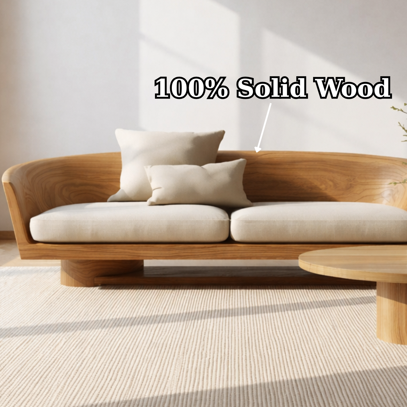 Solid Wood Curved Sofa – Sculptural Wooden Sofa with Organic Backrest