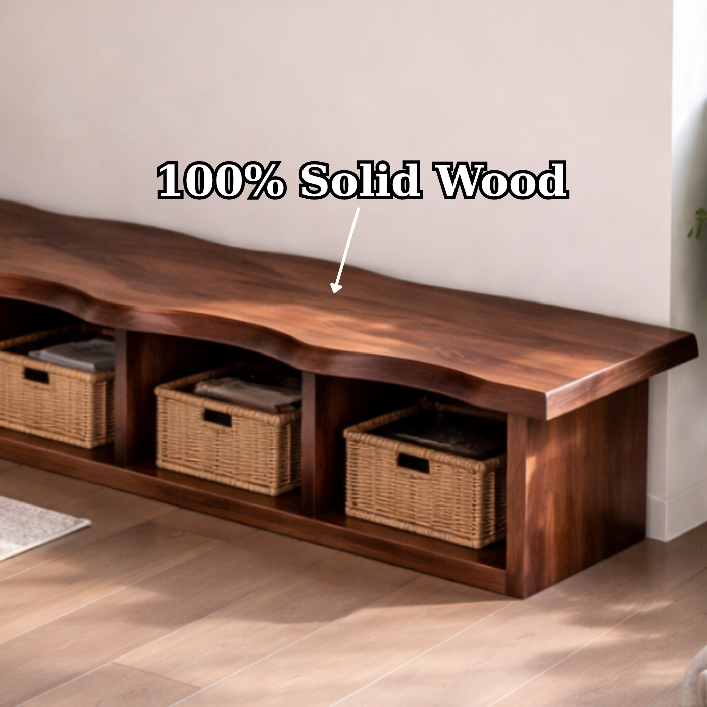 Solid Wood Storage Bench – Live Edge Wooden Bench with Open Cubby Shelves