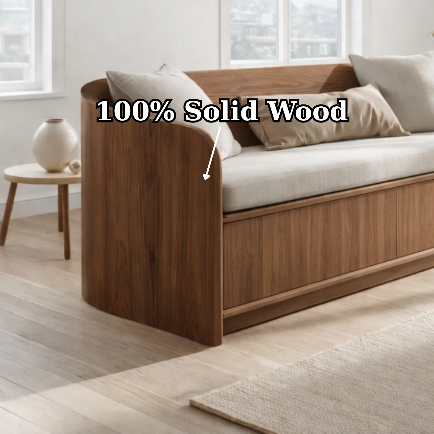 Solid Wood Storage Sofa – Curved Wooden Sofa with Hidden Storage Base