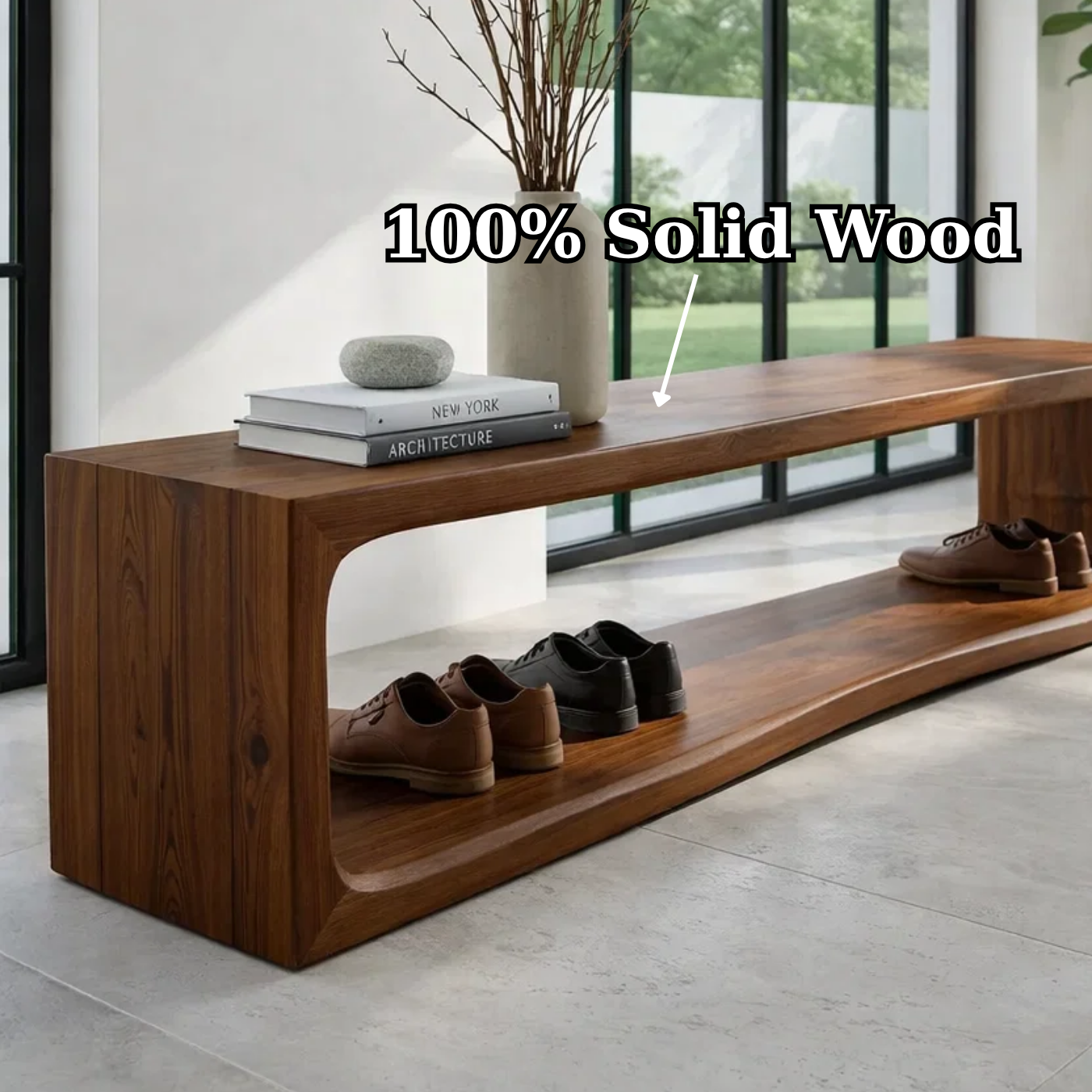Solid Wood Console Table – Modern Waterfall Wood Console with Open Shelf