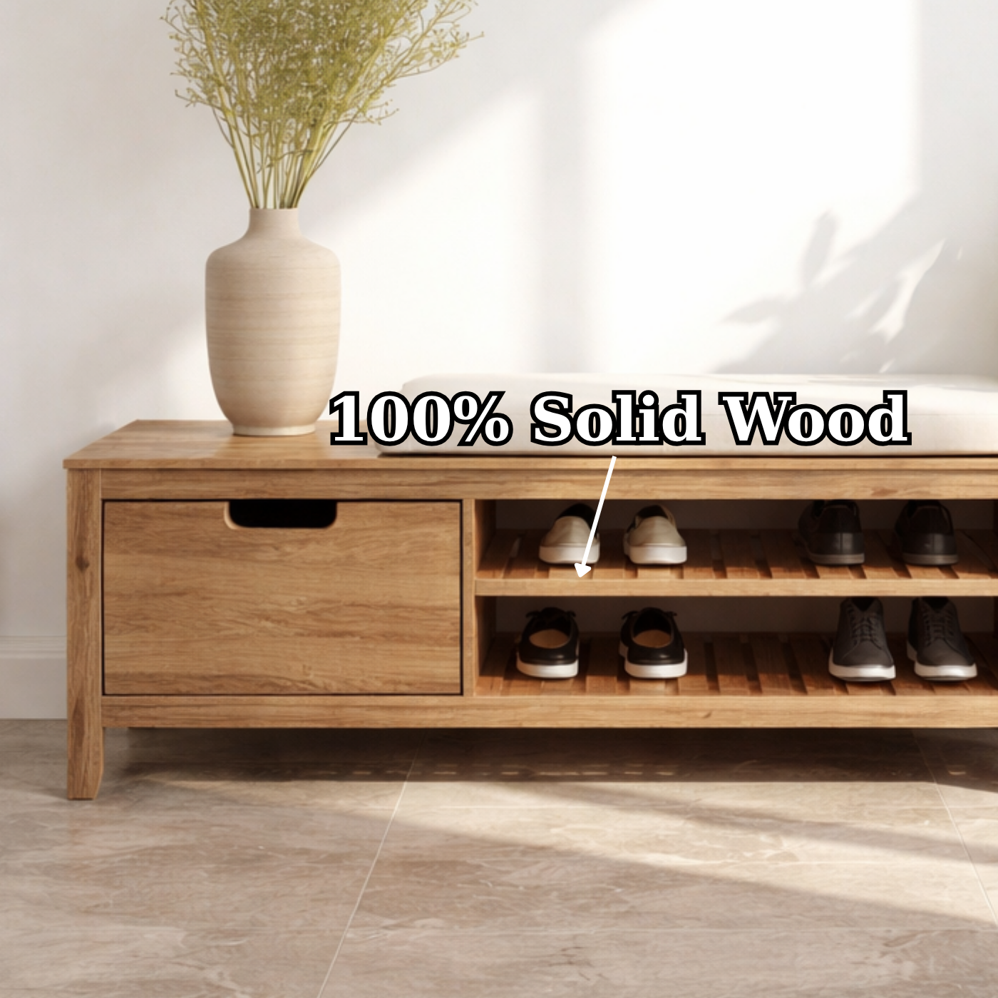 Solid Wood Shoe Storage Bench – Entryway Wooden Bench with Shoe Rack and Drawer