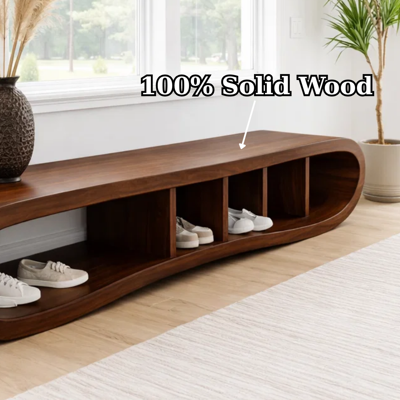 Solid Wood Shoe Storage Bench – Curved Wooden Entryway Bench with Open Cubby Shelf