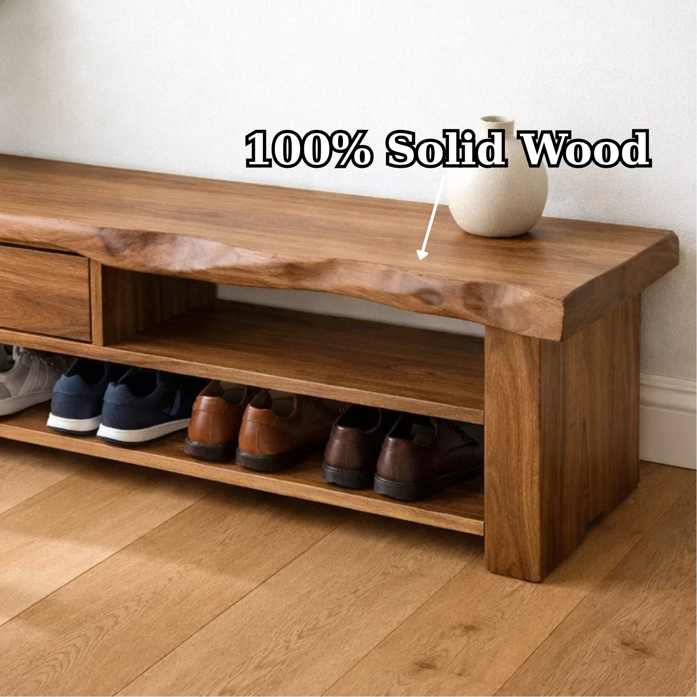 Solid Wood Shoe Storage Bench – Live Edge Entryway Bench with Drawer and Shelf