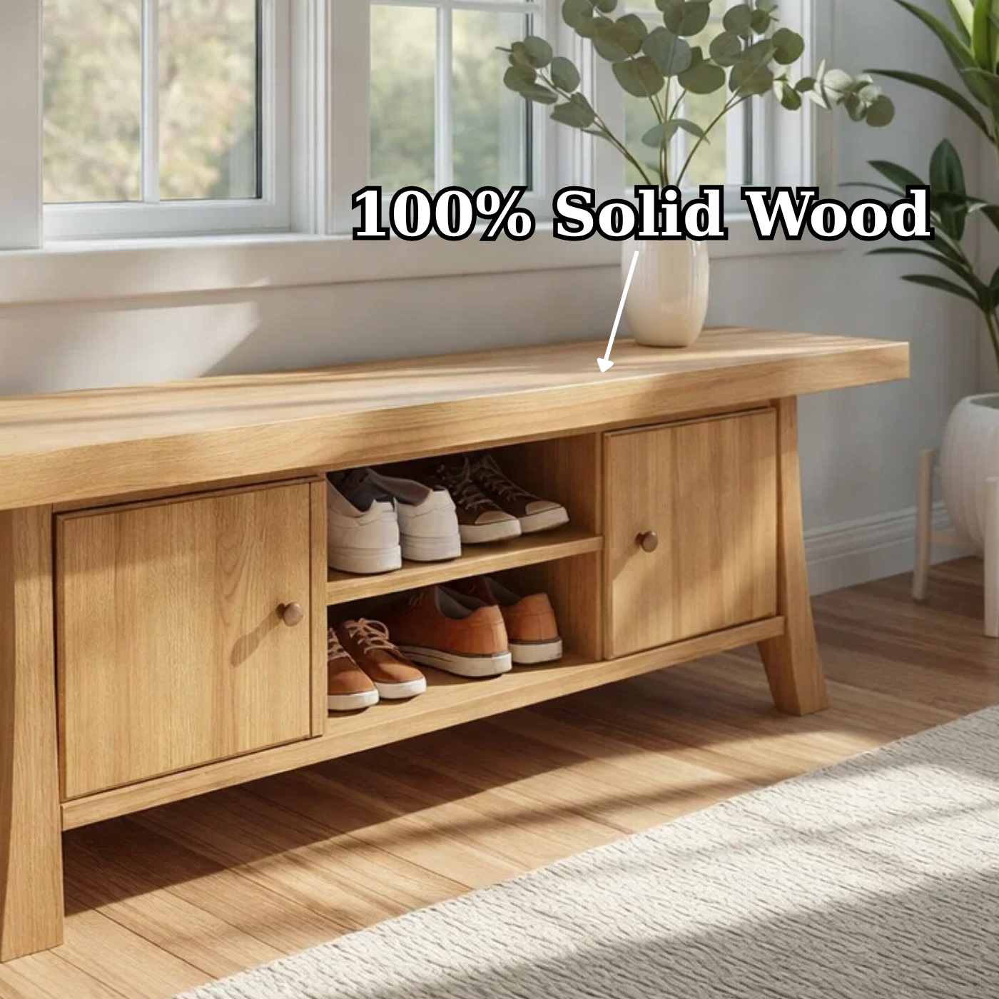 Solid Wood Shoe Storage Bench – Entryway Bench with Cabinet Doors and Open Shelf
