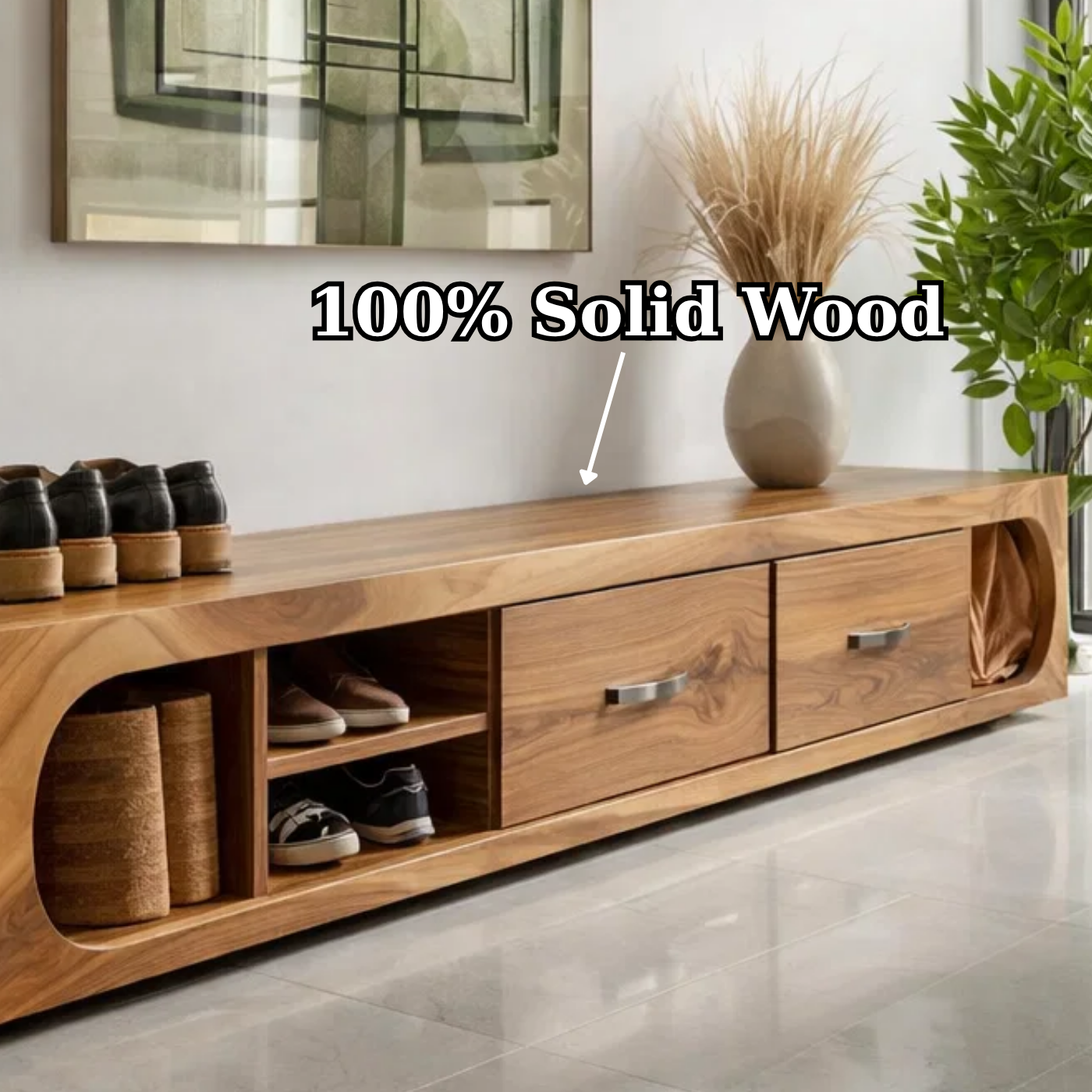 Solid Wood Shoe Storage Bench – Modern Entryway Bench with Drawers and Open Shelf