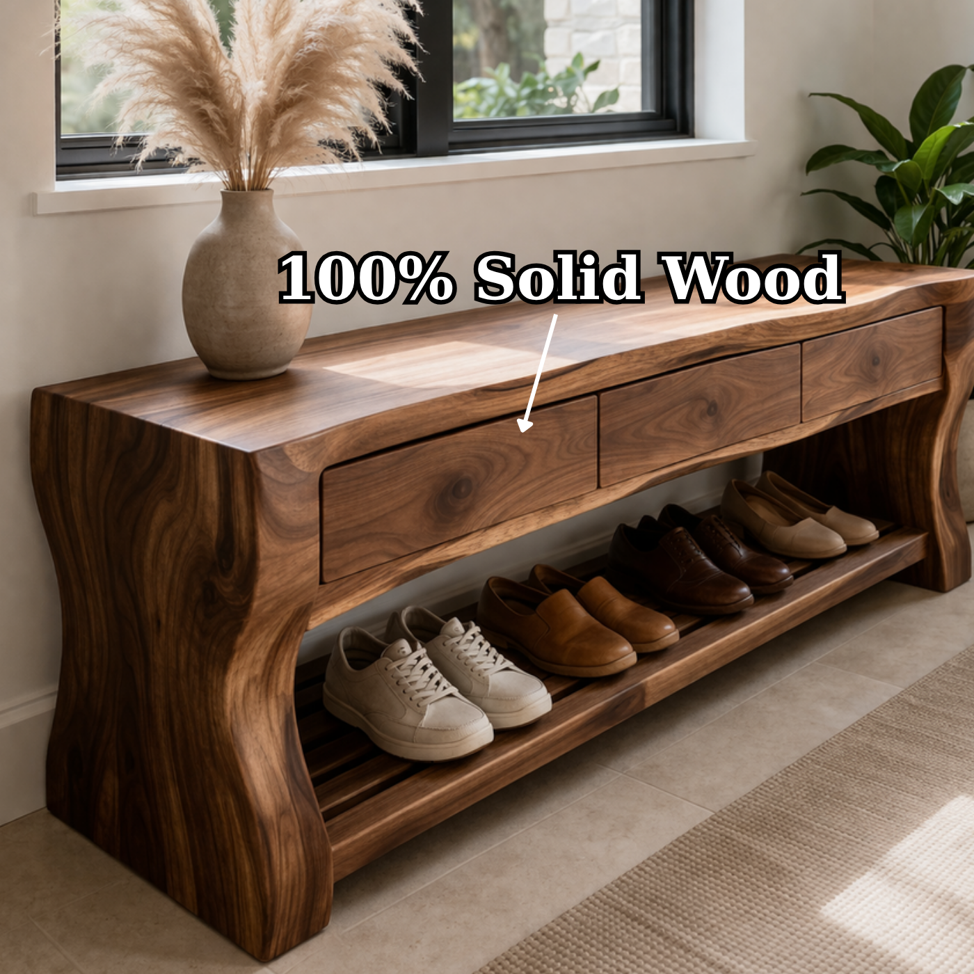 Solid Wood Shoe Bench with Drawers – Modern Walnut Entryway Storage Bench