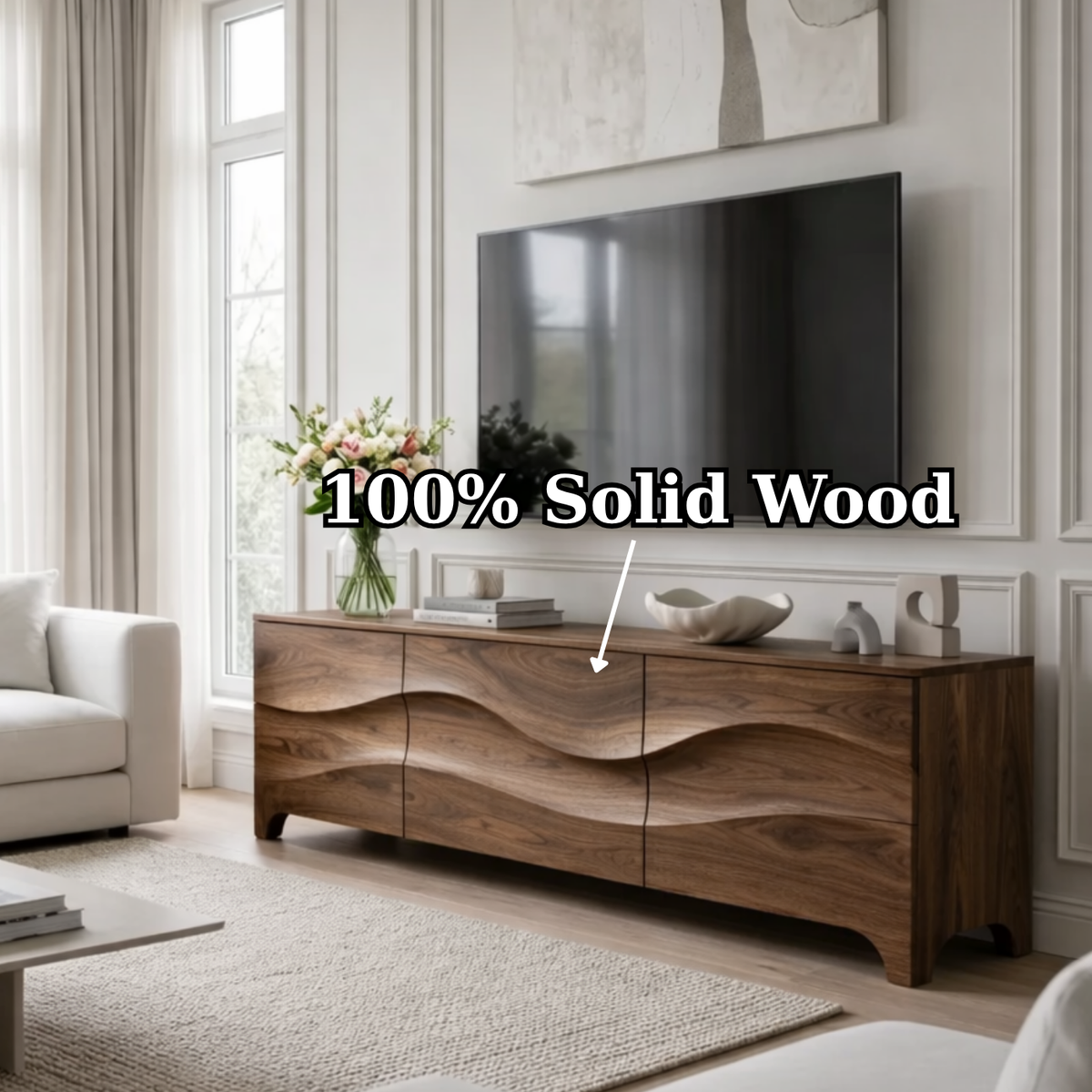 Modern Walnut Wave TV Stand – Sculpted Wood Media Console