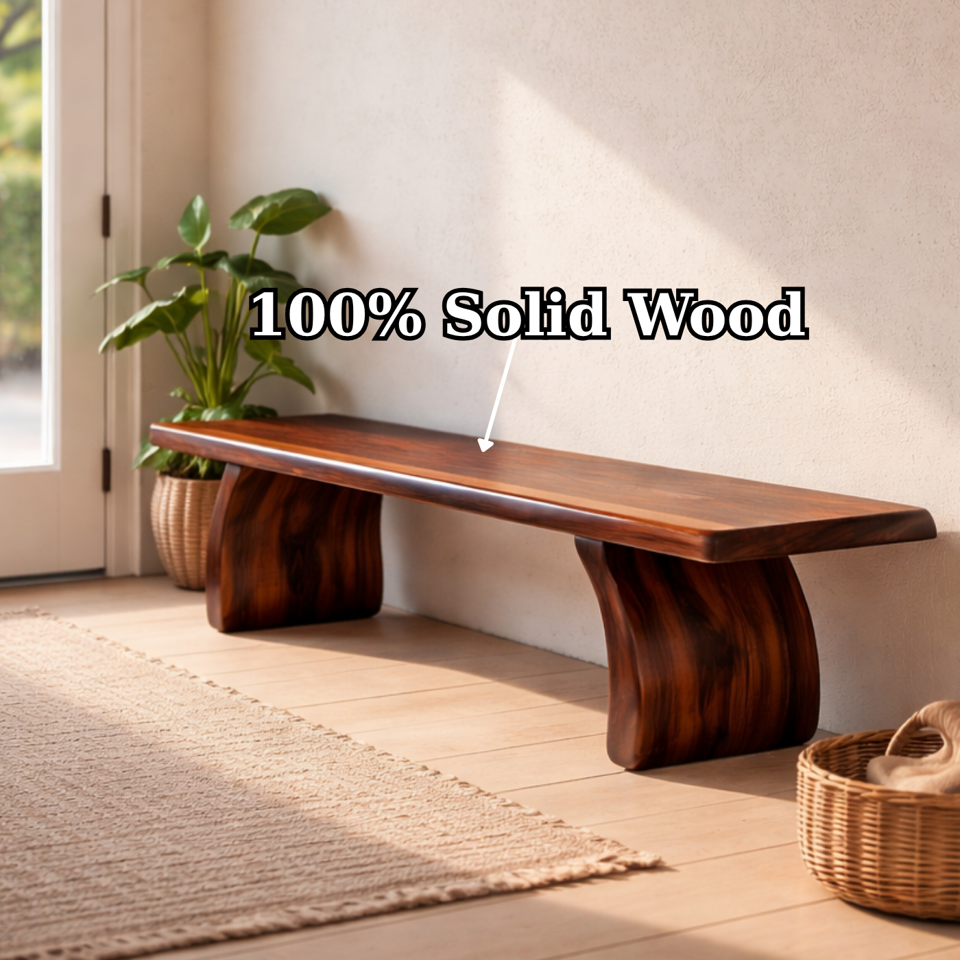Solid Wood Bench with Sculptural Base – Minimalist Modern Design