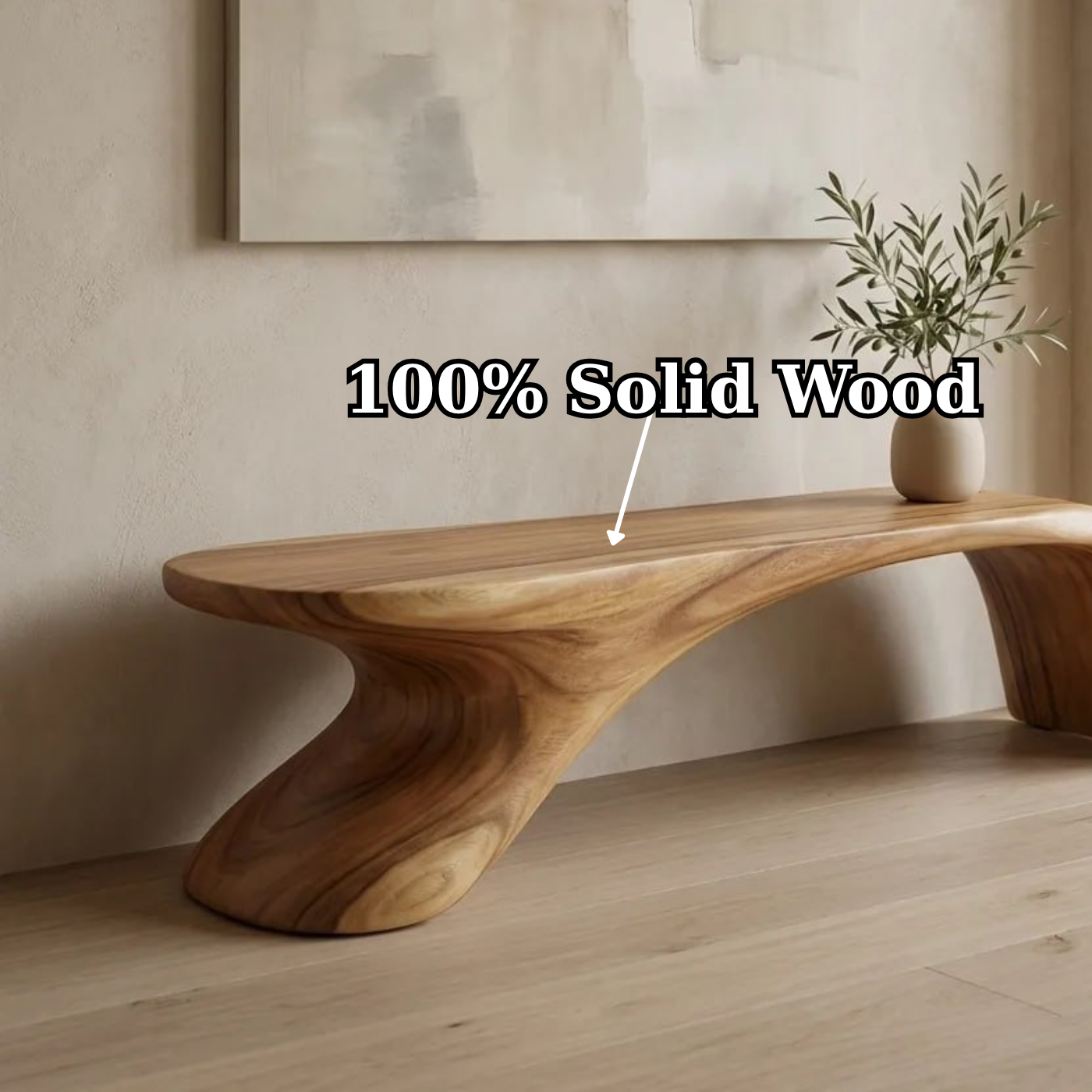 Sculptural Wooden Bench, Modern Curved Accent Seat, Minimalist Entryway Statement Furniture Piece