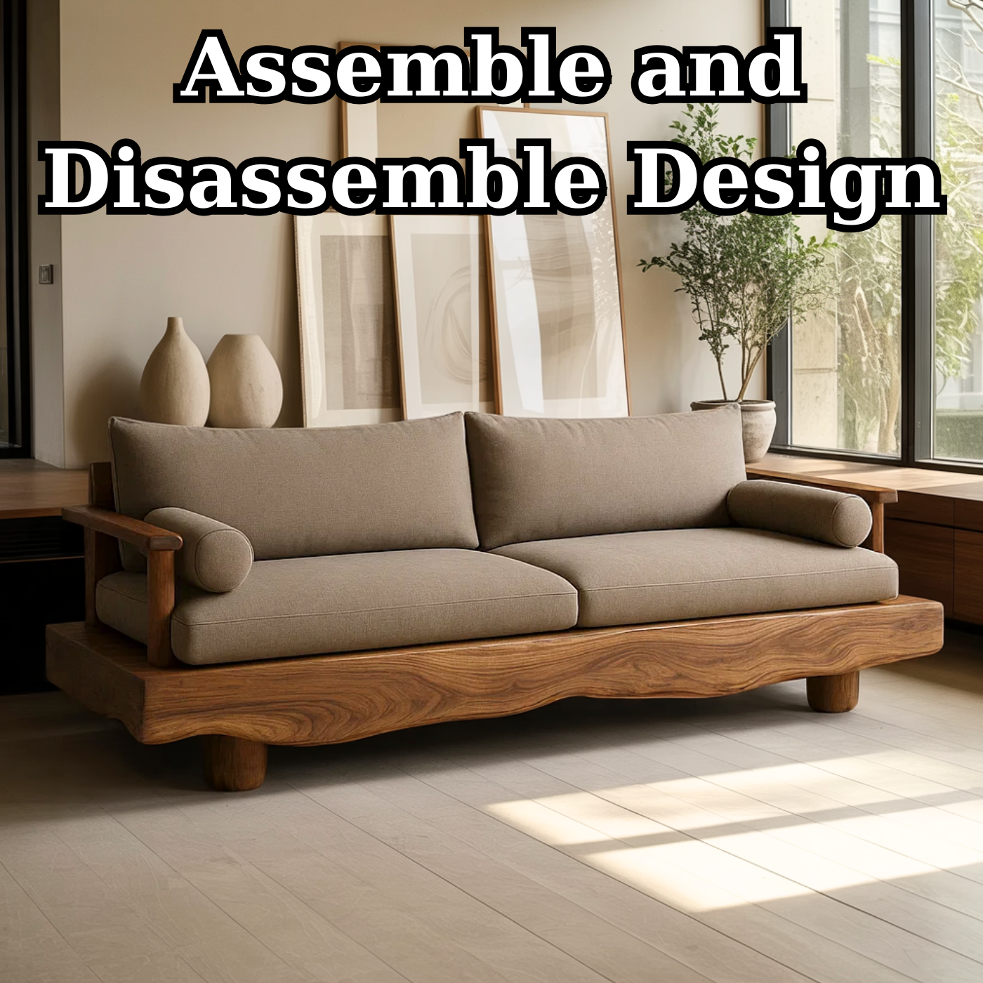 Handcrafted Solid Wood Sofa – Rustic Live Edge Wood Couch with Modern Minimalist Cushion Design Kitchnce