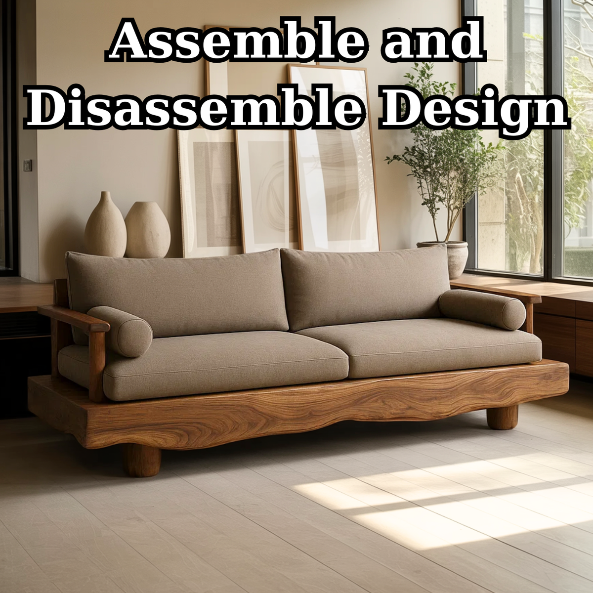 Handcrafted Solid Wood Sofa – Rustic Live Edge Wood Couch with Modern Minimalist Cushion Design Kitchnce