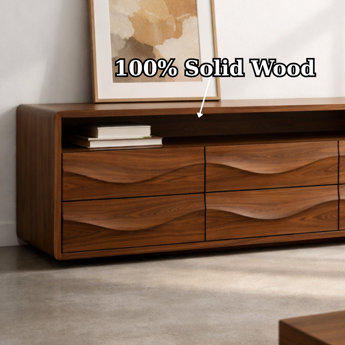 Solid Wood Console Table with Low Profile and Sculptural Wave Drawers