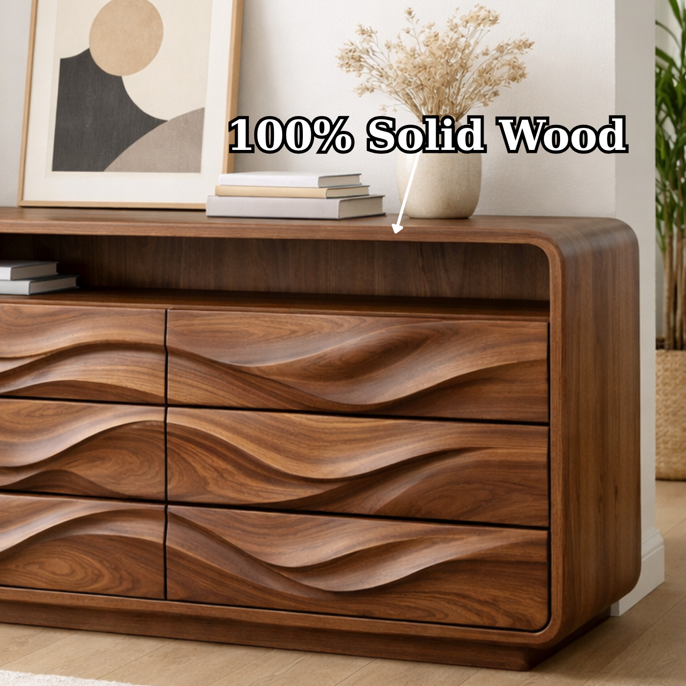 Solid Wood Console Table with Drawer Storage and Sculptural Wave Front Design