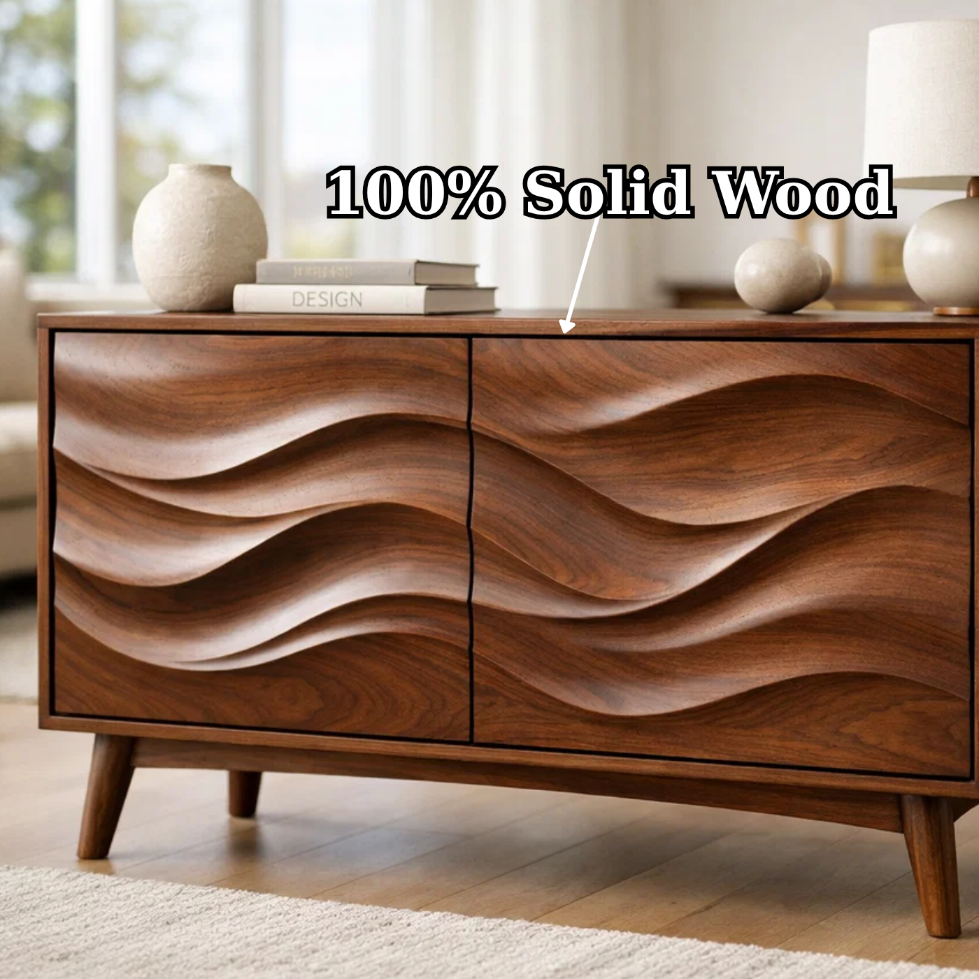 Solid Wood Console Table with Sculptural Wave Doors and Mid-Century Legs