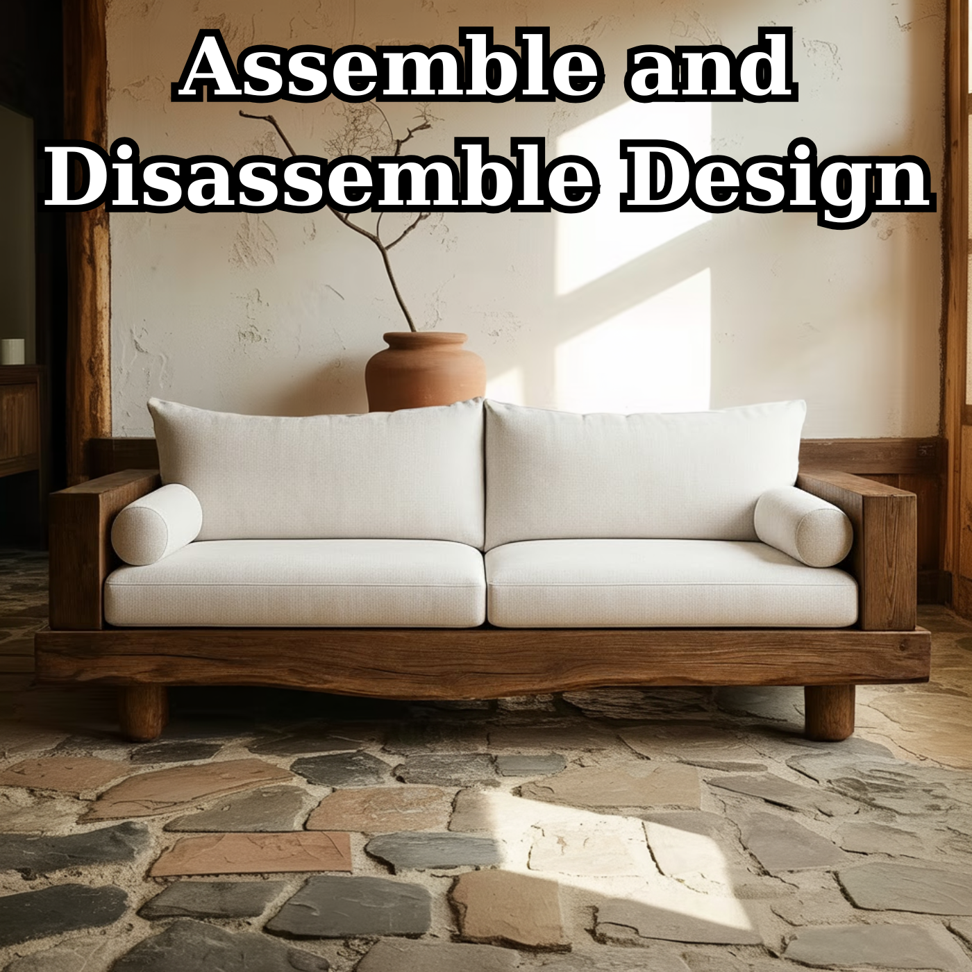 Handcrafted Solid Wood Sofa – Rustic Live Edge Wood Couch with Minimalist Linen Cushions Kitchnce