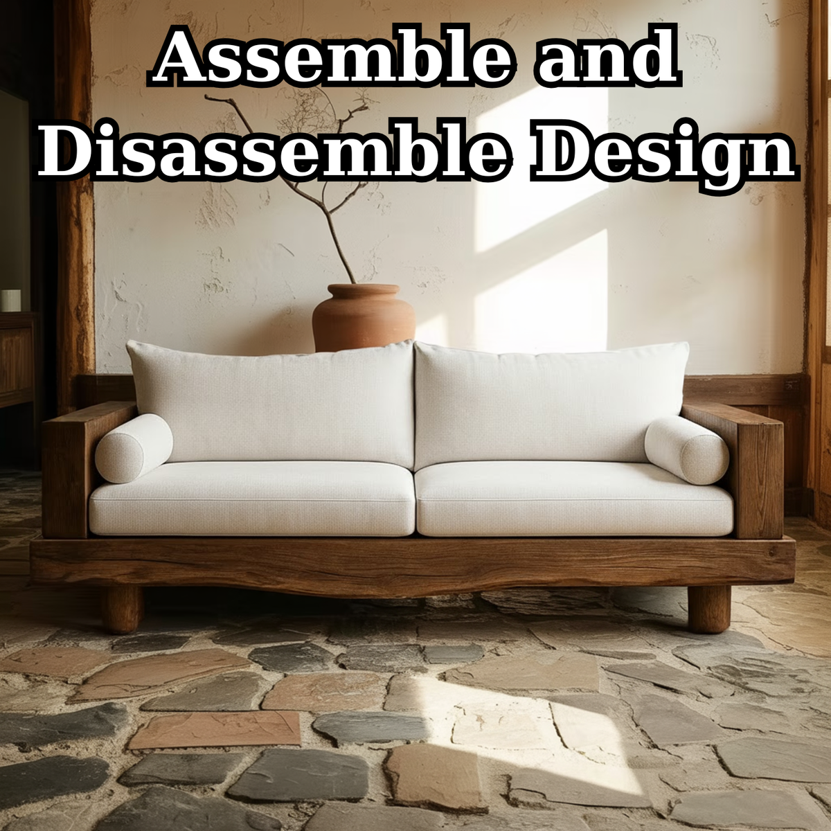 Handcrafted Solid Wood Sofa – Rustic Live Edge Wood Couch with Minimalist Linen Cushions Kitchnce