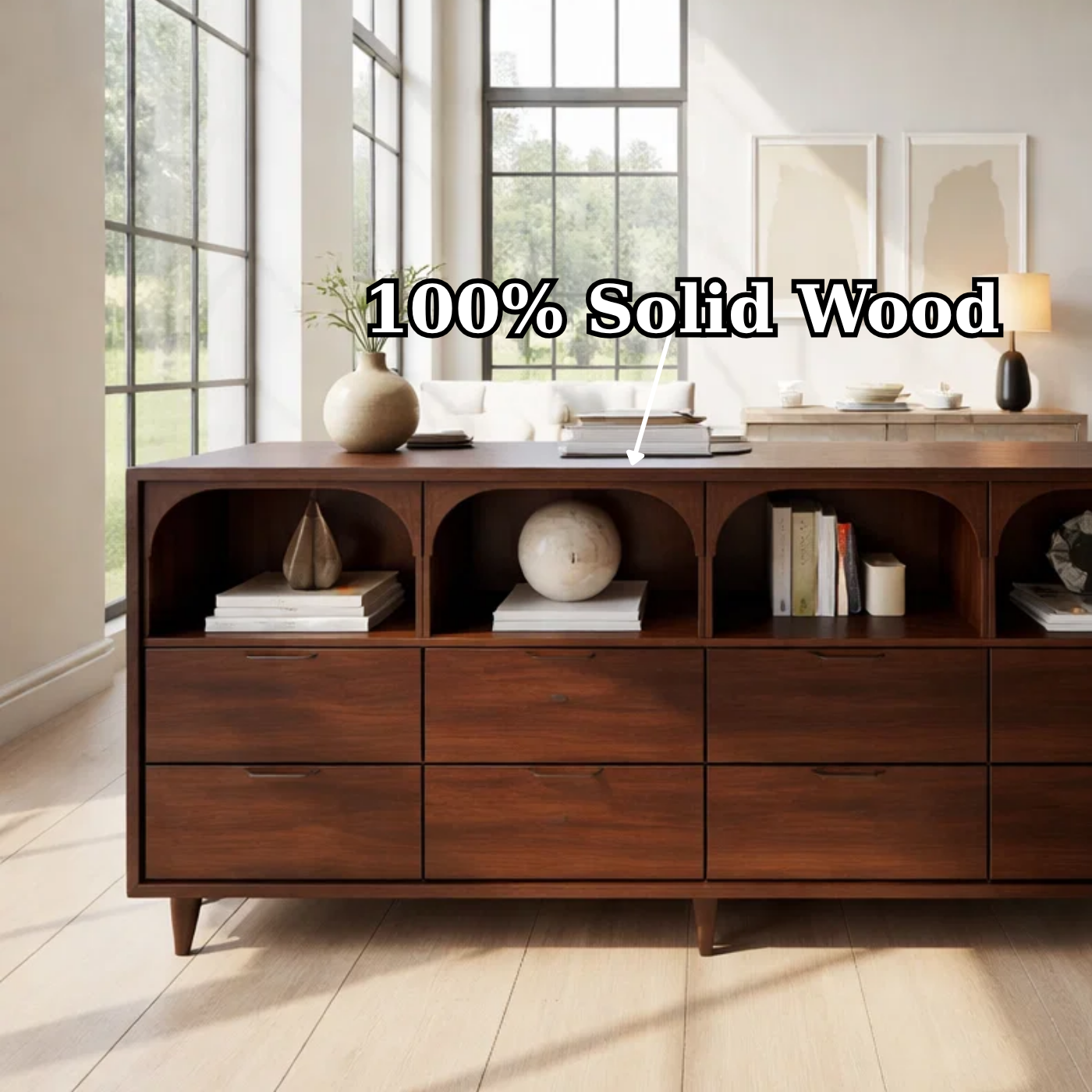 Solid Wood Console Table with Arched Open Shelves and Drawer Storage