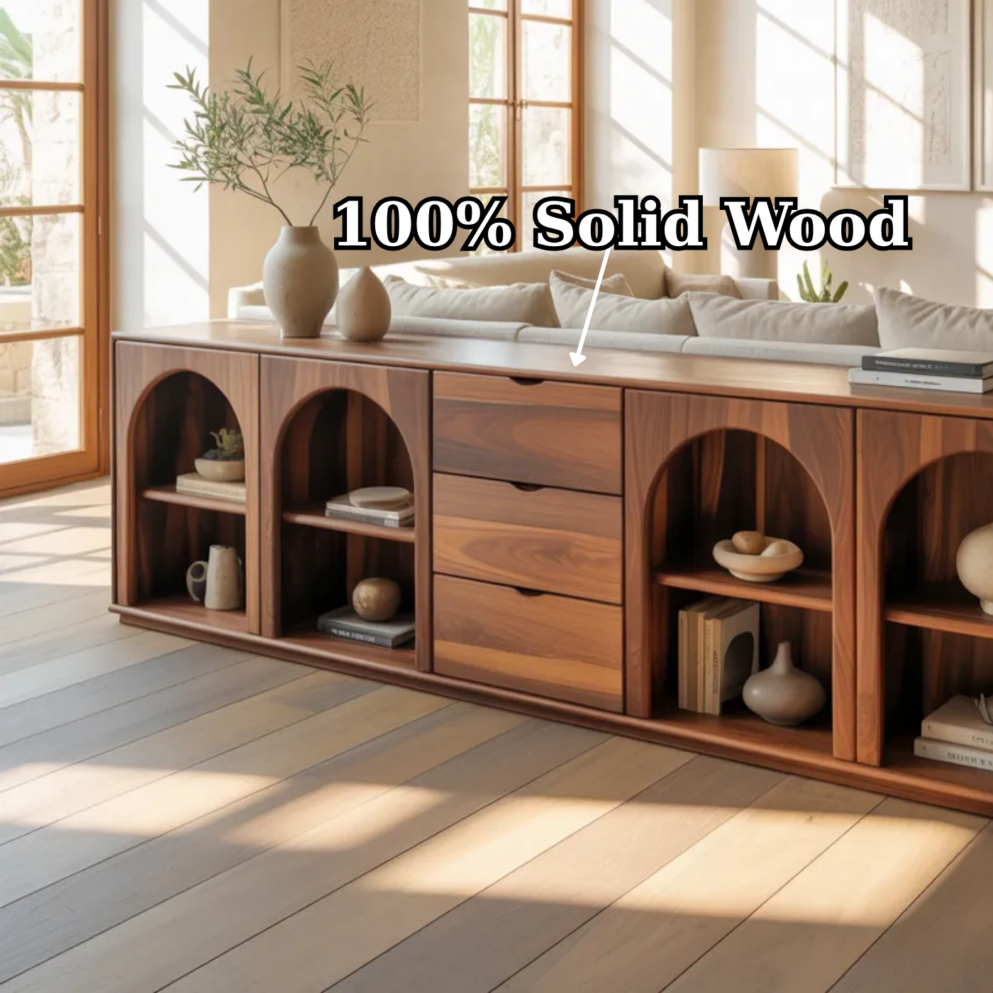 Solid Wood Console Table with Arched Shelves and Center Drawer Storage for Living Room