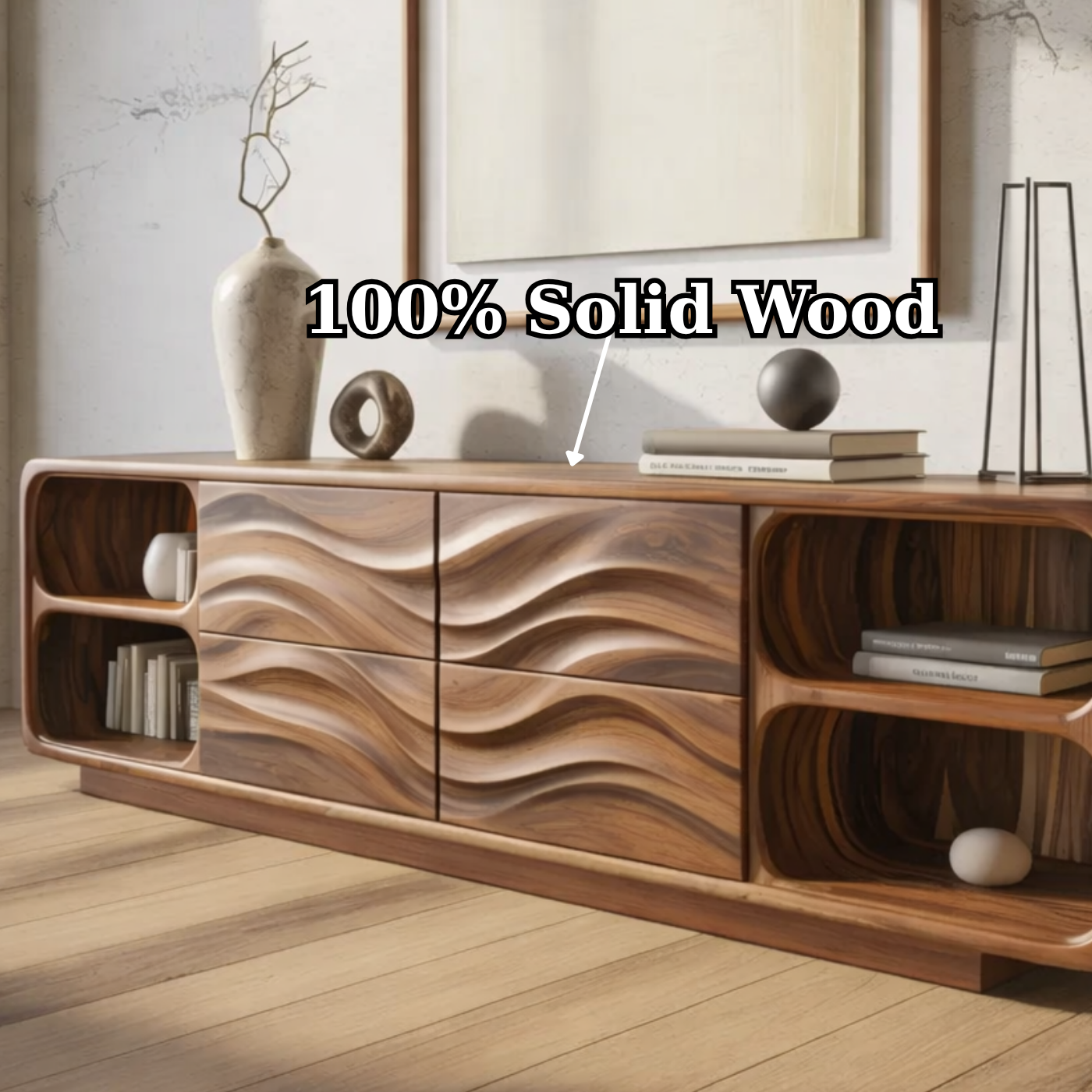 Solid Wood Console Table with Wave Carved Drawers and Open Shelf Design