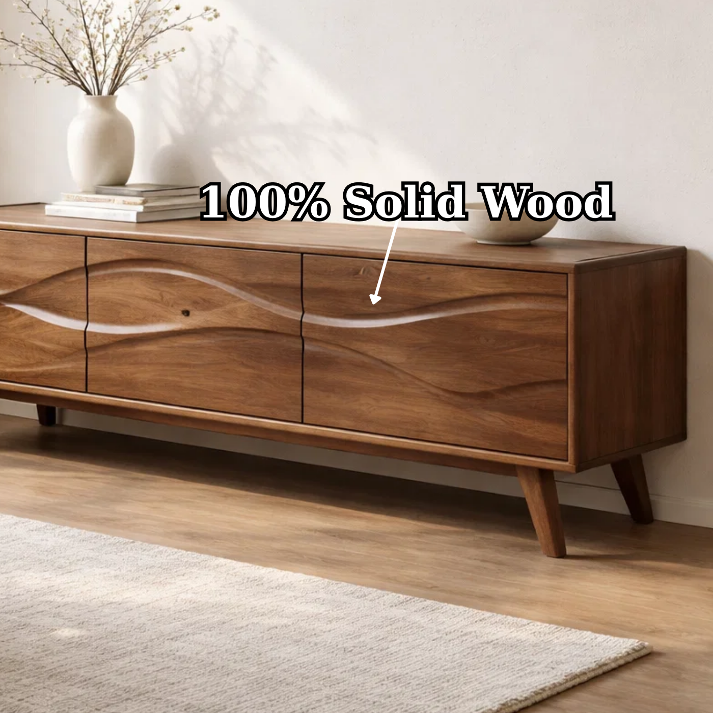 Solid Wood Console Table with Minimal Wave Carved Doors for Modern Living Room