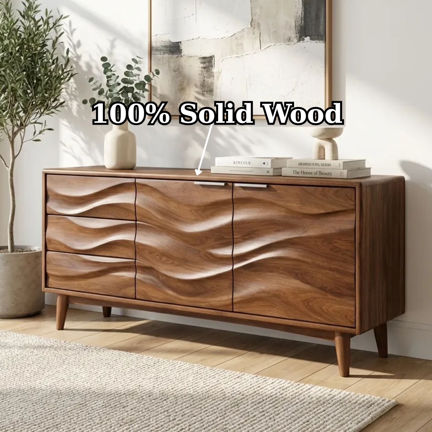 Solid Wood Console Table with Sculptural Wave Front Doors and Modern Storage Design