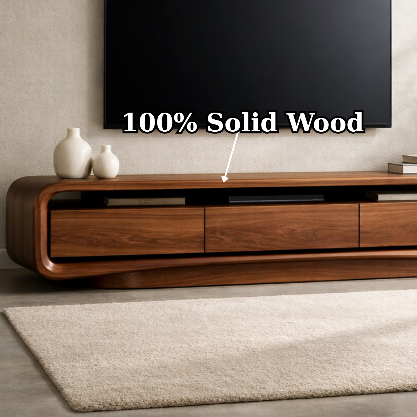 Solid Wood Curved TV Stand with Storage Drawers for Modern Living Room