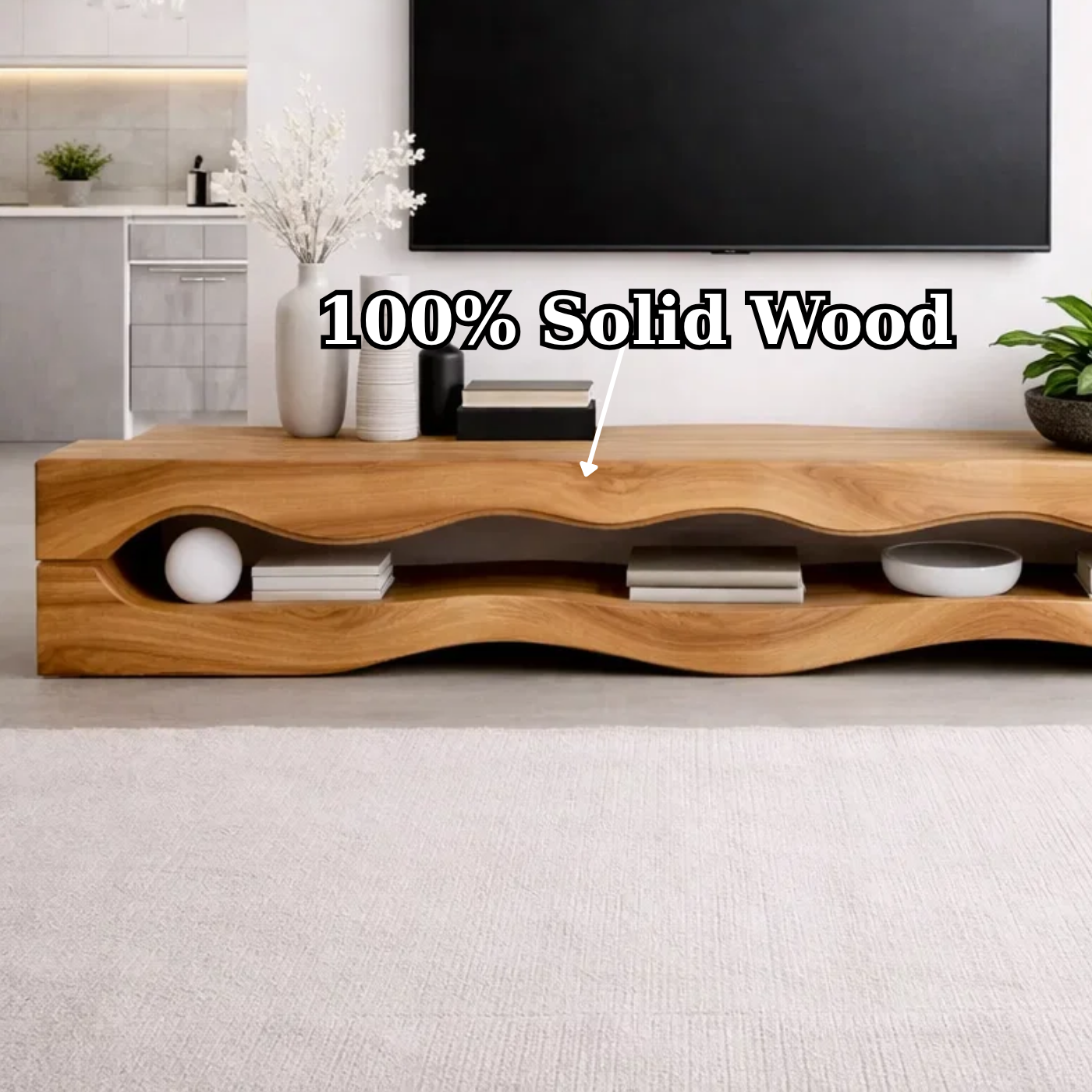 Solid Wood Wave TV Stand with Open Shelves for Modern Minimalist Living Room
