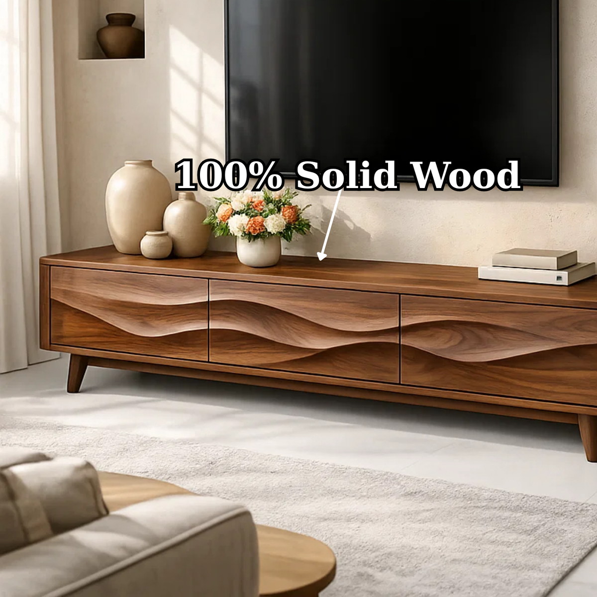 Solid Wood Wave Front TV Stand with Drawers for Modern Living Room