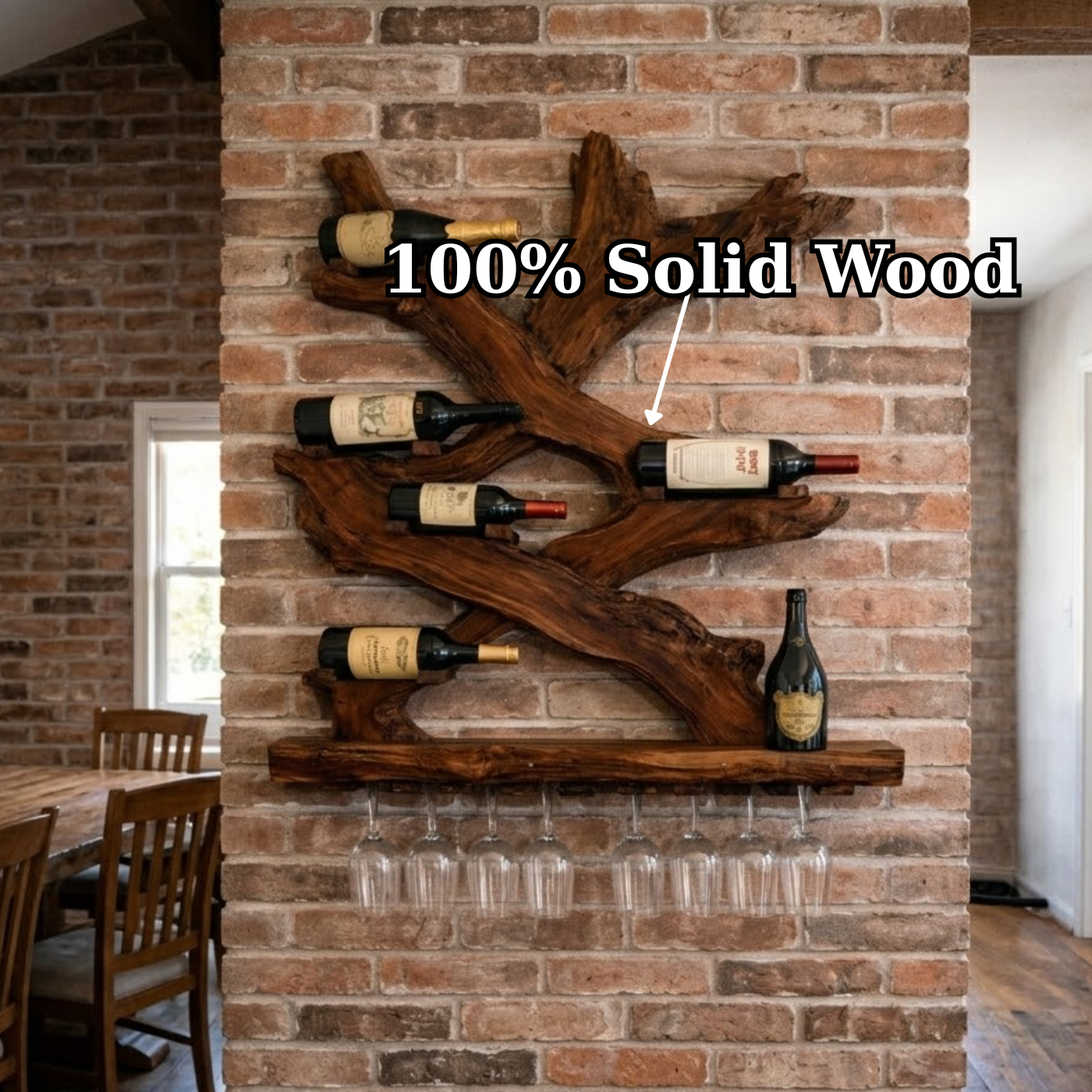 Rustic Solid Wood Wine Rack Wall Mounted with Glass Holder Shelf