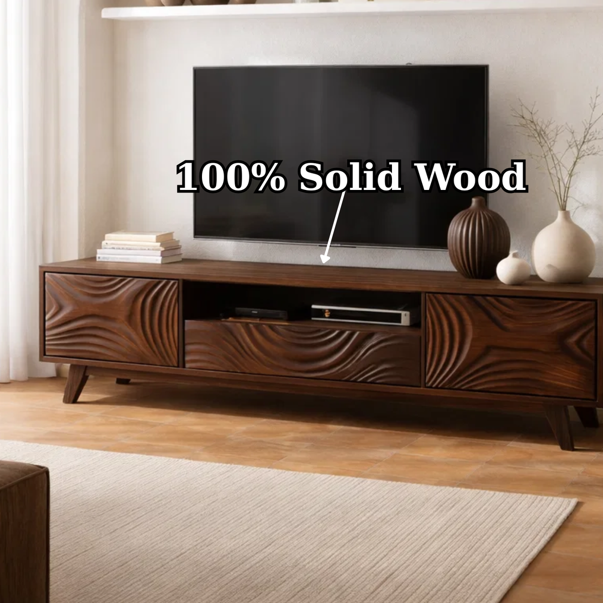 Handcrafted Solid Wood Carved TV Stand with Artistic Wave Design