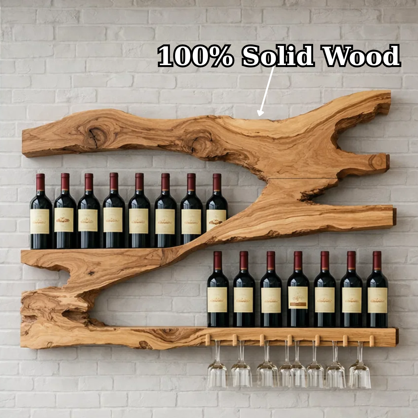 Live Edge Solid Wood Wine Rack Wall Shelf with Glass Holder