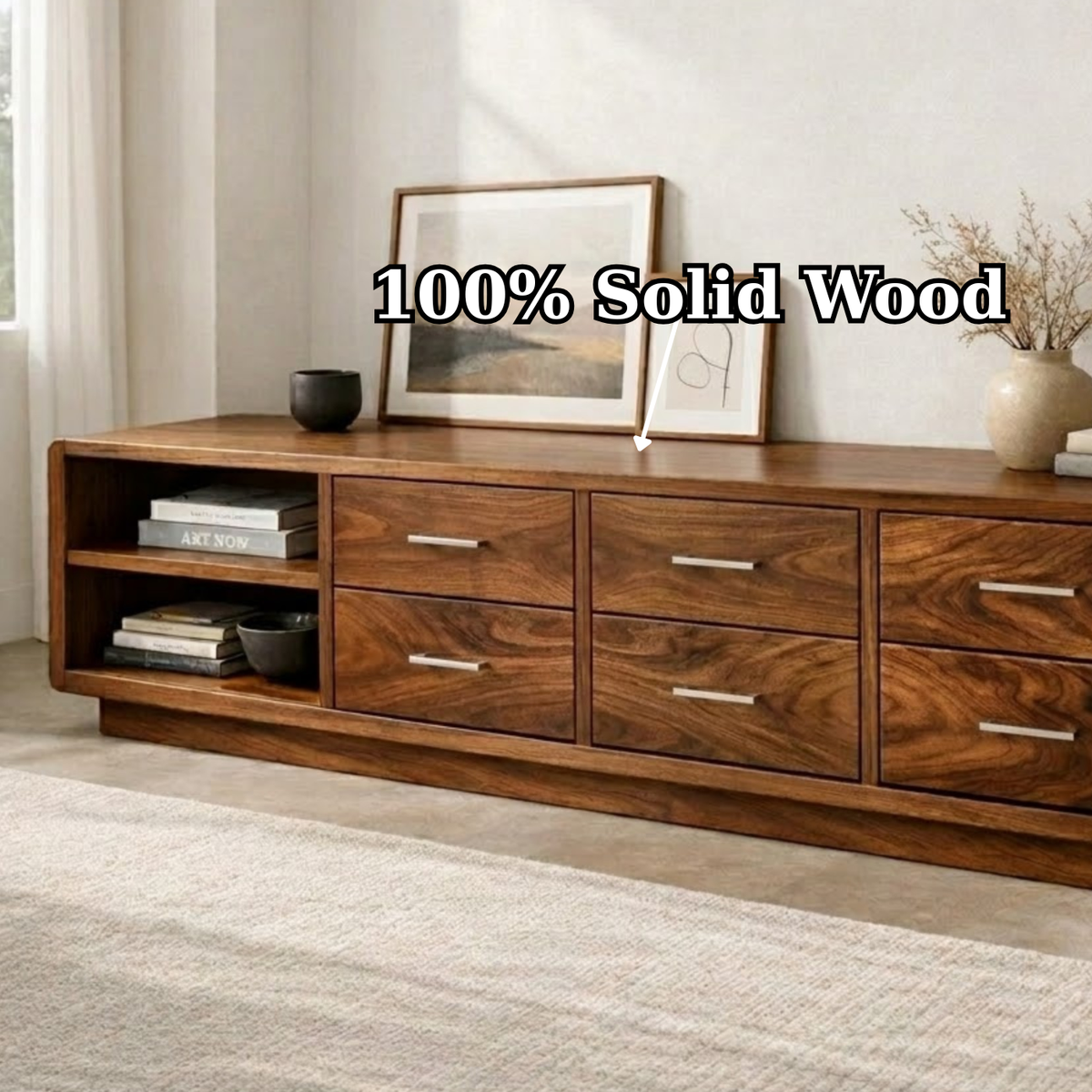 Solid Wood Modern TV Stand with Drawers and Open Shelf Storage