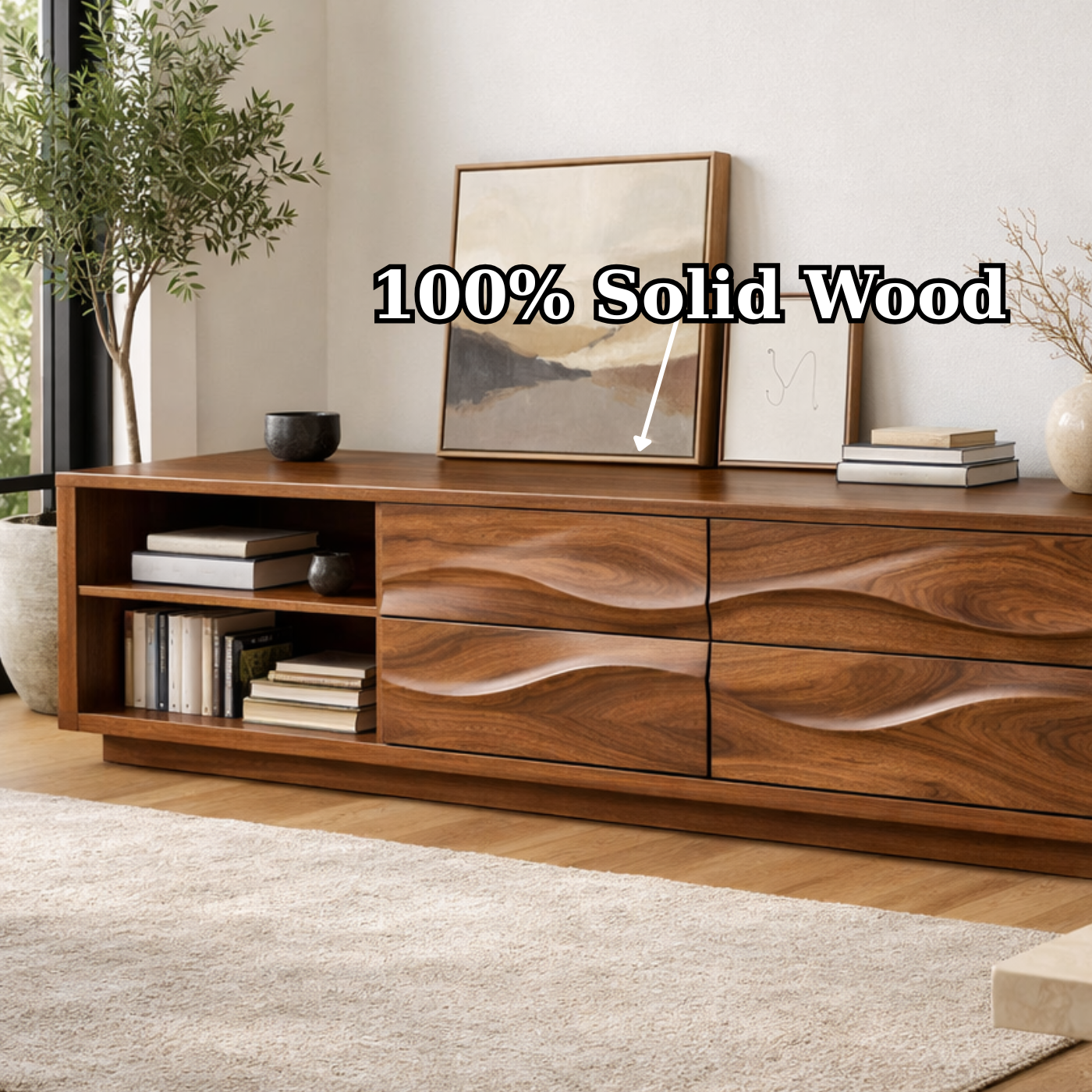 Solid Wood Wave Drawer TV Stand with Open Shelf for Modern Living Room