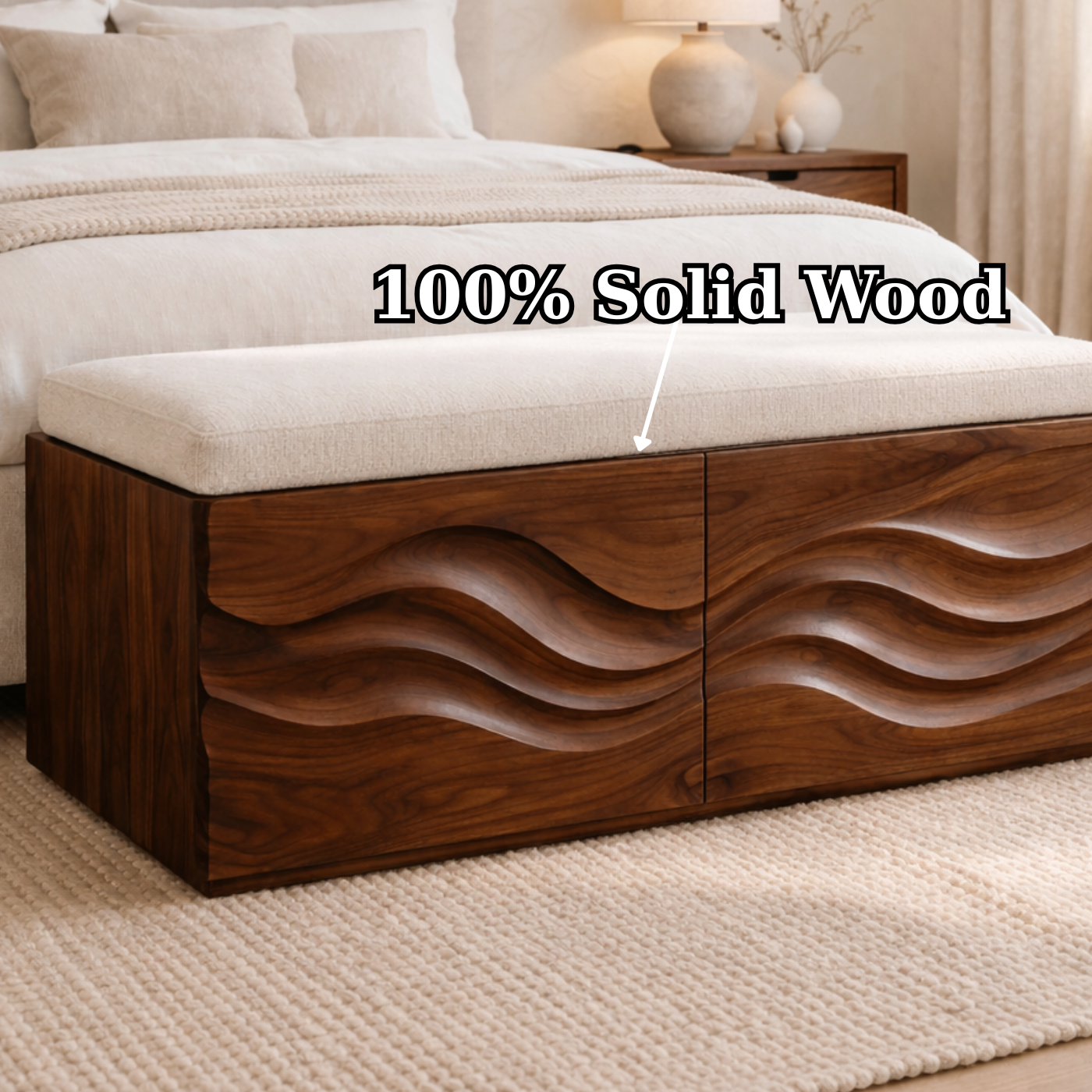 Solid Wood Storage Bench with Wave Carved Front for Bedroom or Entryway