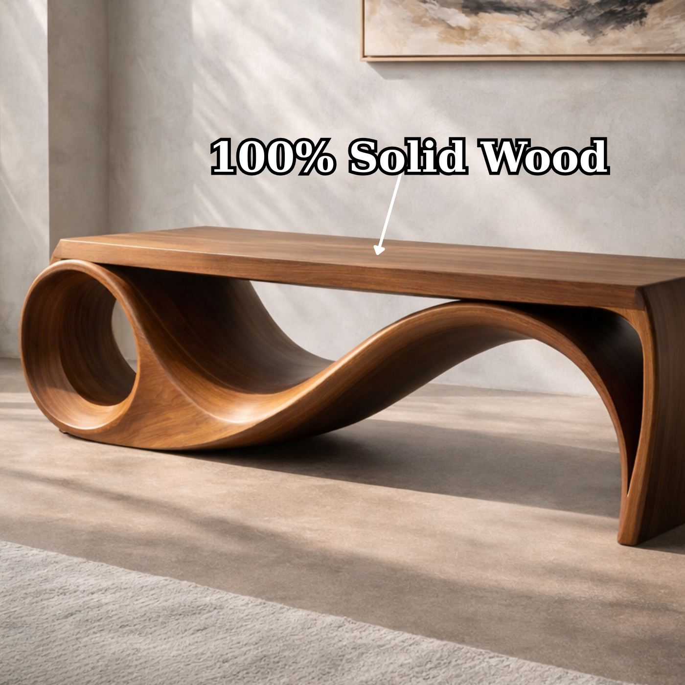 Solid Wood Sculptural Bench with Curved Wave Base Modern Design