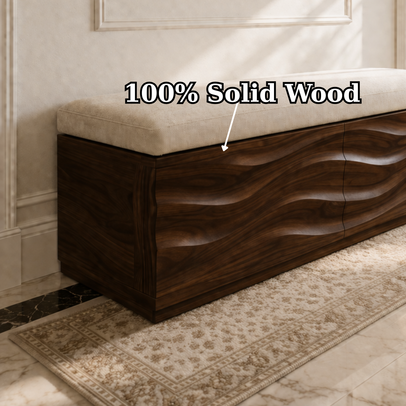 Solid Wood Storage Bench with Upholstered Top and Wave Carved Design